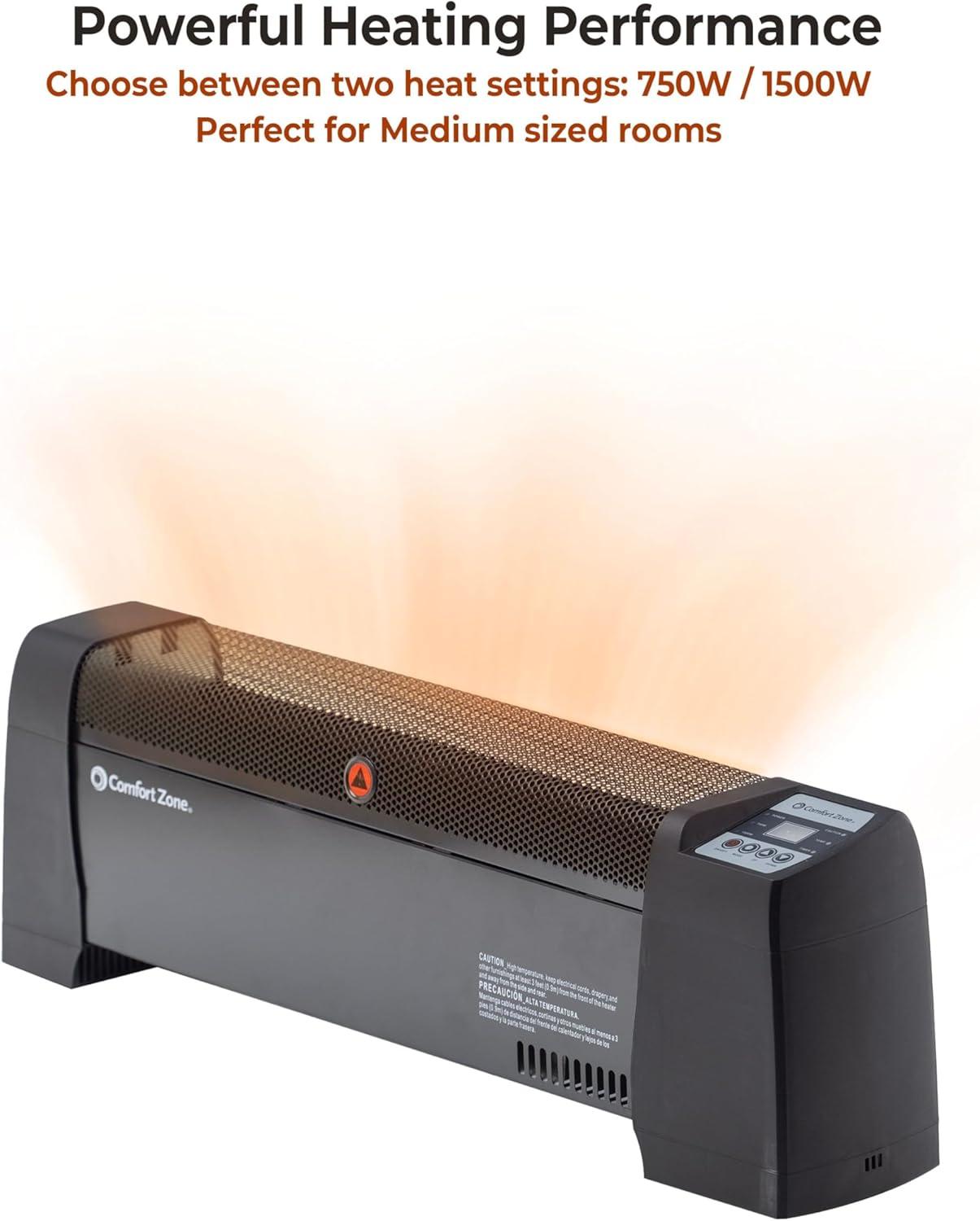 Comfort Zone Baseboard Space Heater with Digital Thermostat, Electric, Dent-Proof End Panels, Overheat Protection, Tip-Over Switch, & Stay-Cool Body, Ideal for Home, Bedroom, & Office, 1,500W, CZ650B