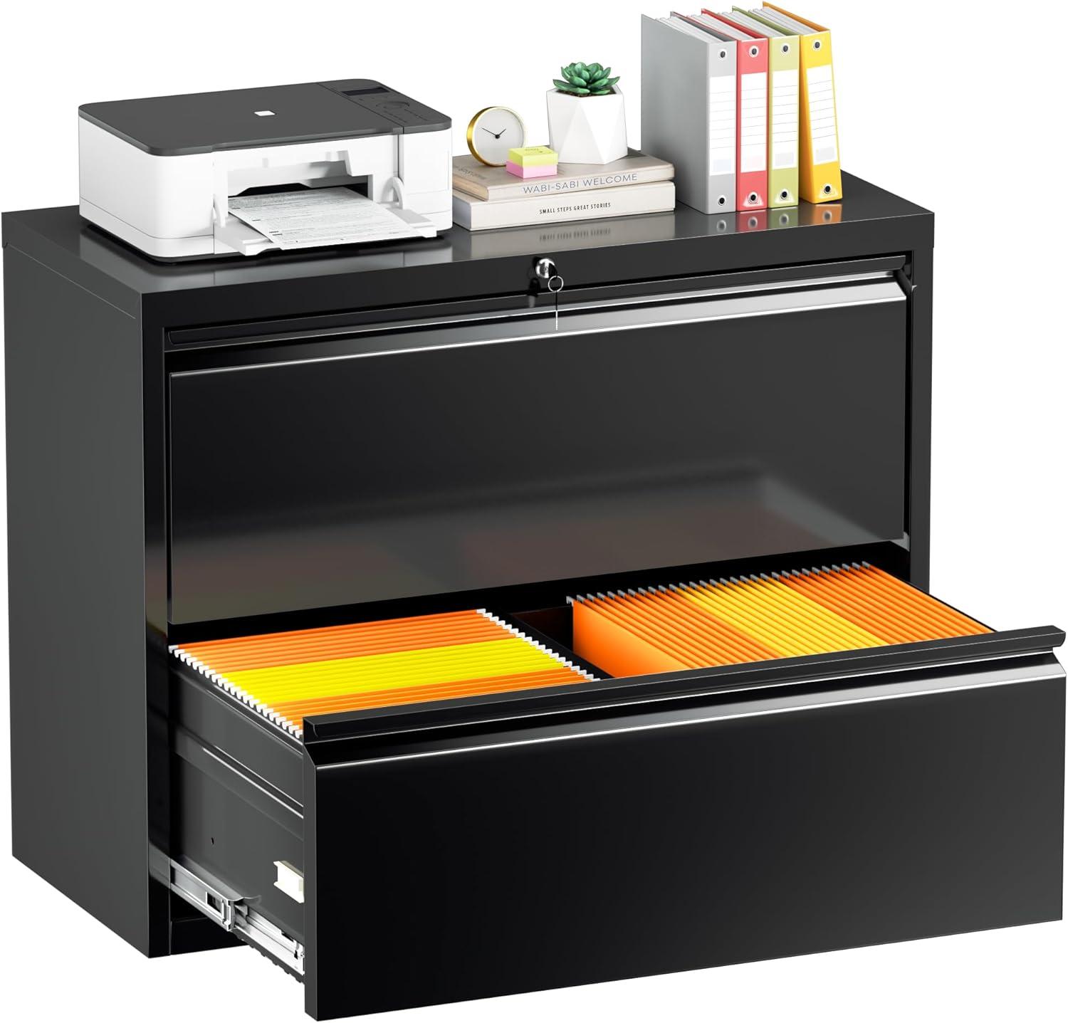 Black Metal 2-Drawer Lockable Lateral Filing Cabinet