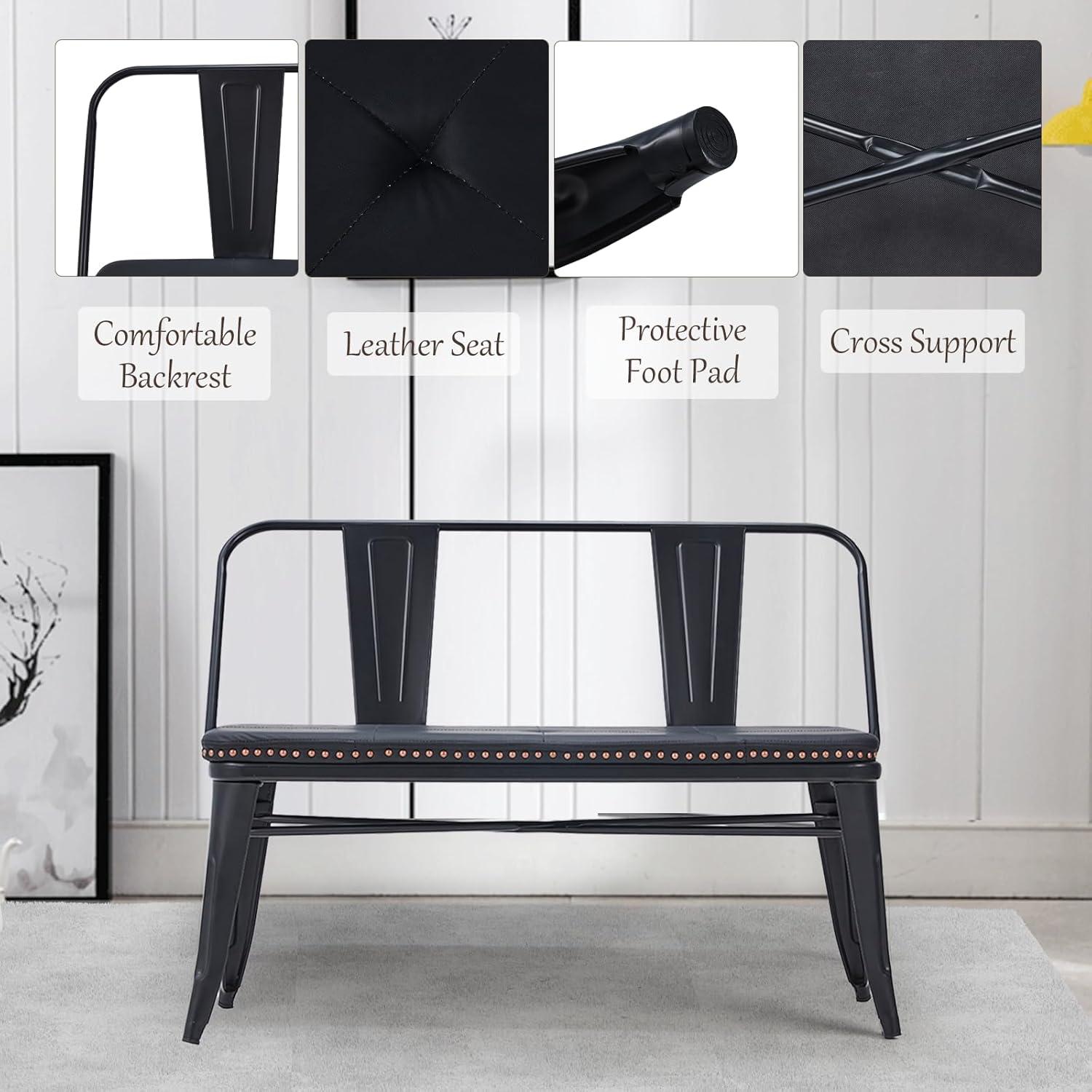 YOLENY Dining Bench, Entryway Bench with Back, Farmhouse Metal Dining Bench, Industrial Mid-Century 3 Person Rustic Spindle Bench, with Leather Seat, Removable Backrest, 42in, Black