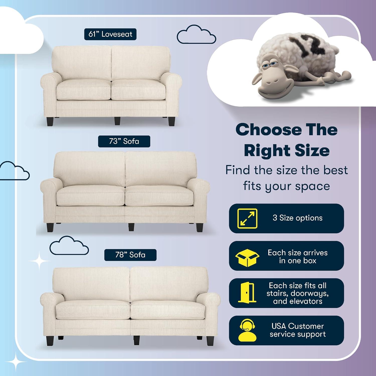 Serta Copenhagen 61" Rolled Arm Sofa, Easy Care Fabric, Soft Pillow Back, Pocket Coil Seat Cushions