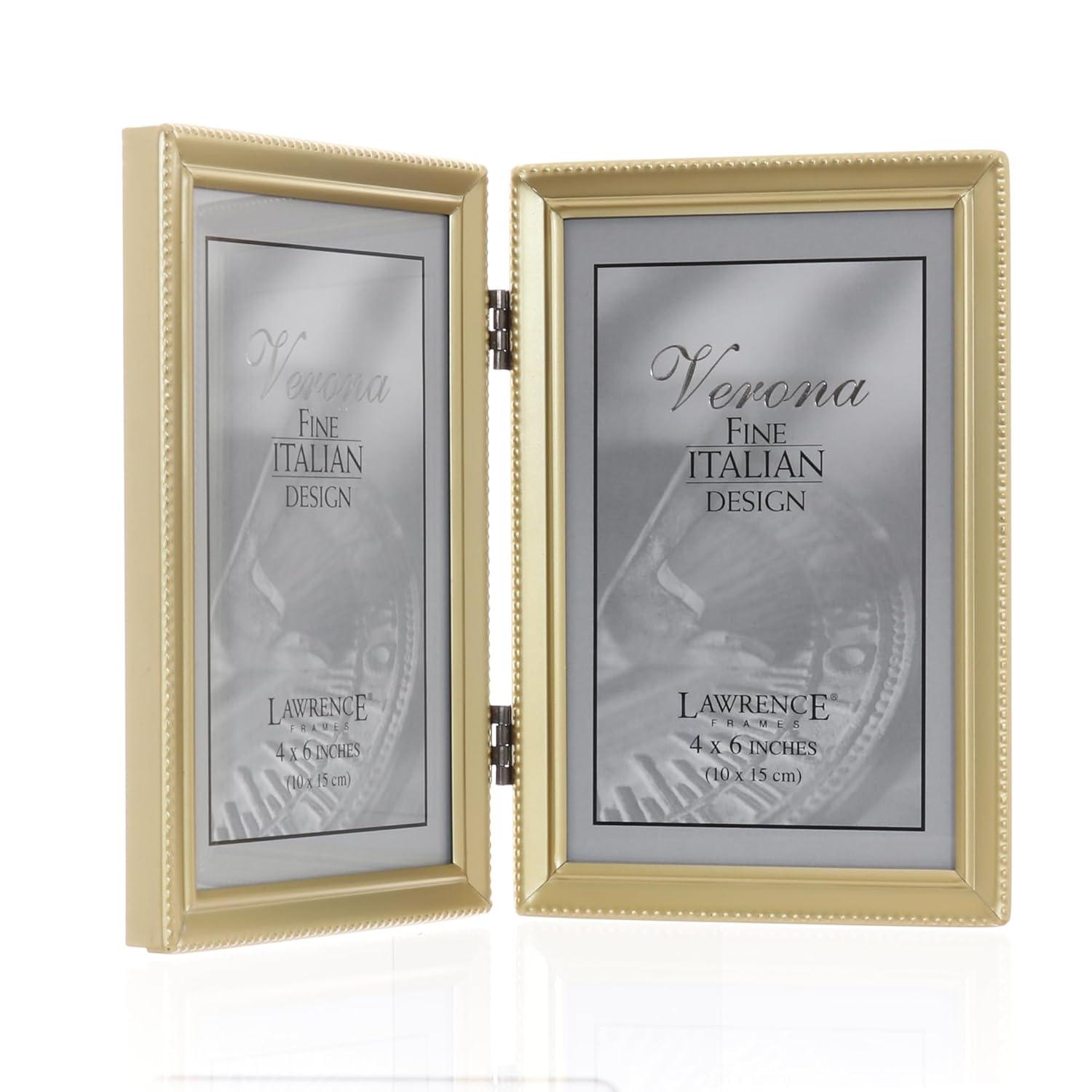 Antique Brass 4x6 Hinged Double Picture Frame - Bead Border Design