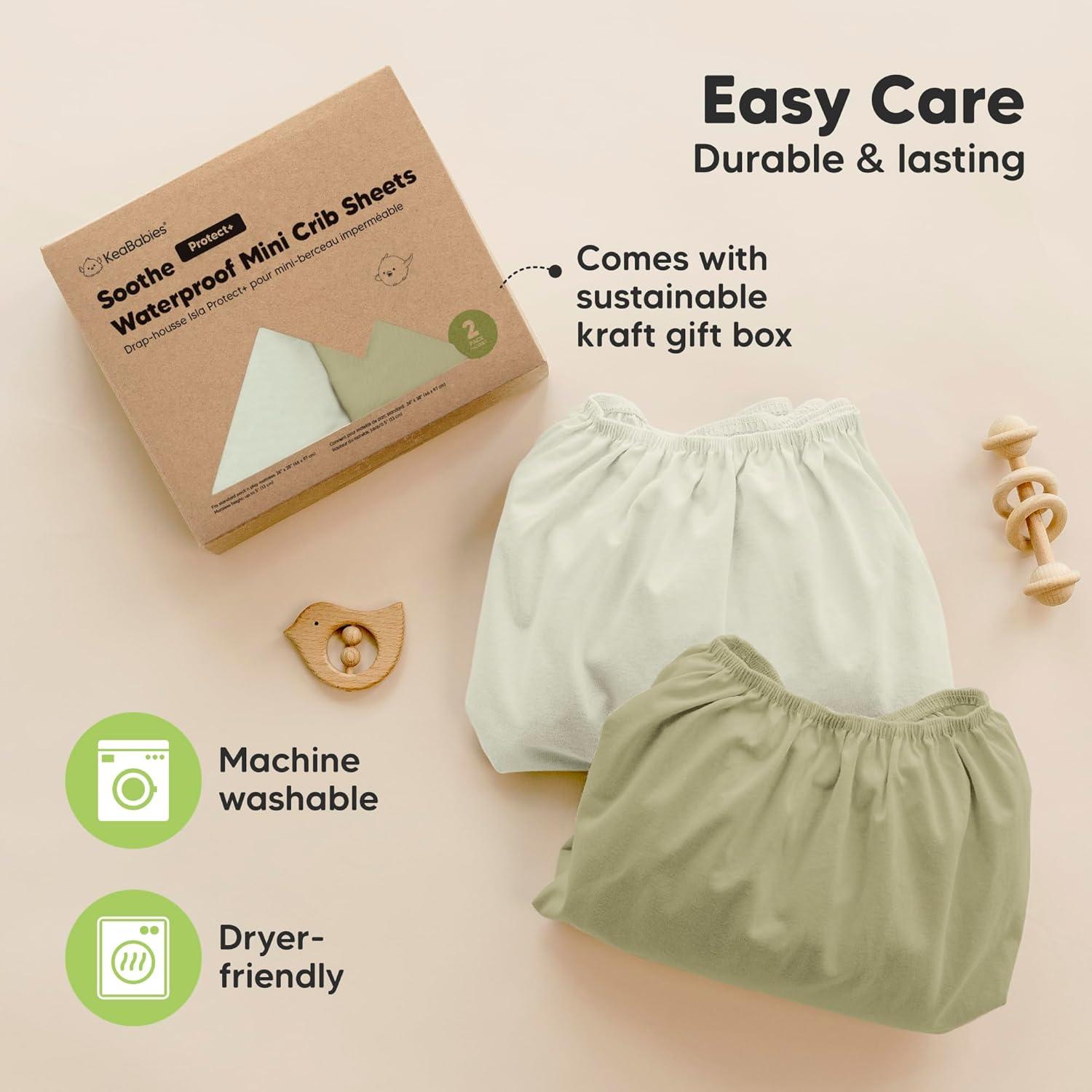 KeaBabies 2pk Soothe Waterproof Fitted Mini Crib Sheets for Girl, Boy, 100% Organic Soft Cotton Pack and Play Sheets (Oregano)