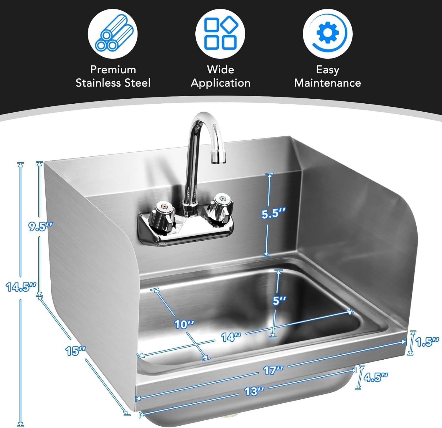 Tangkula Stainless Steel Sink NSF Wall Mount Hand Washing Sink with Faucet & Side Splash