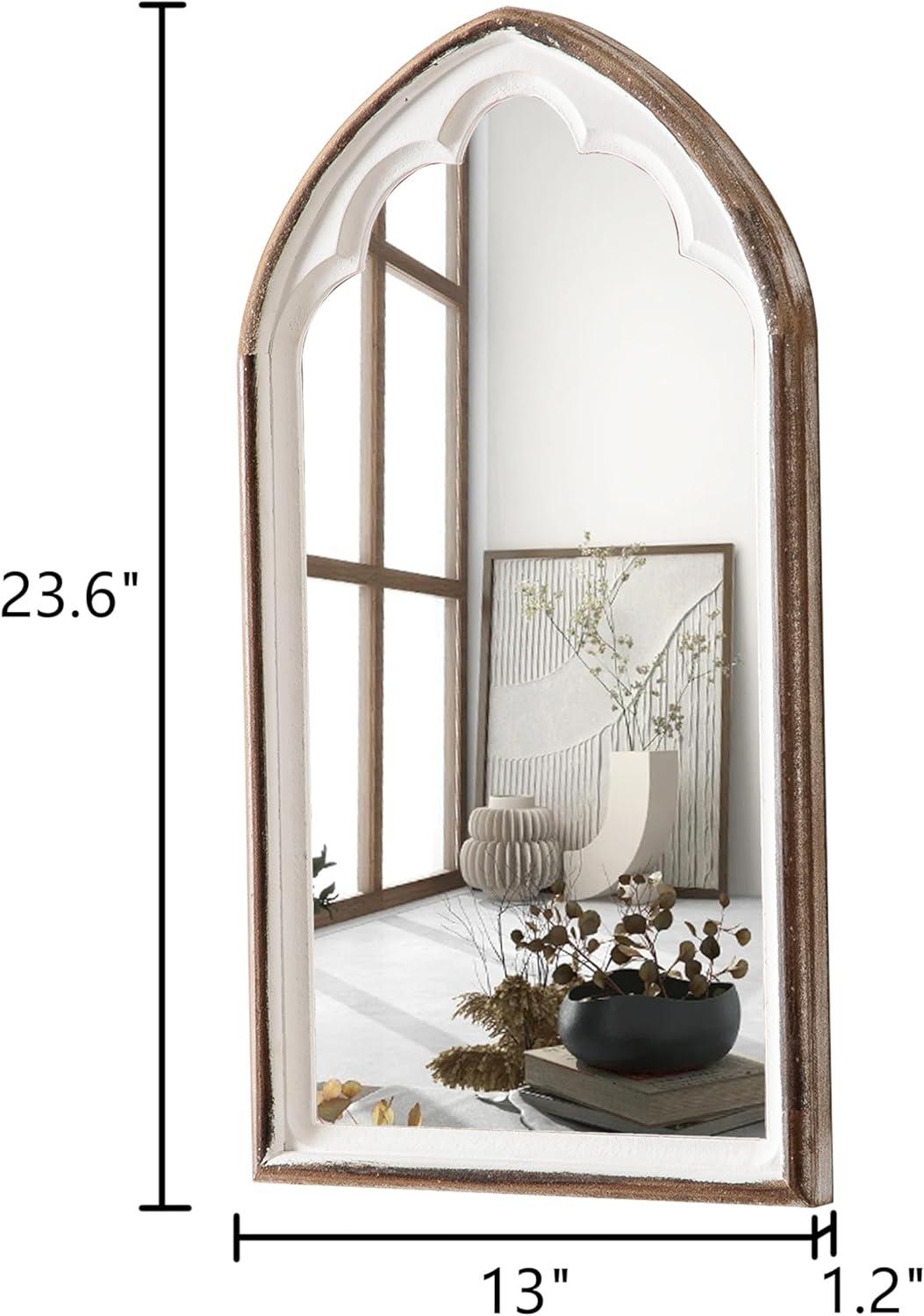 Farmhouse Wooden Arched Mirrors for Wall 13 X 24 Inch, Hanging Distressed White Carved Wood Framed Arch Mirror, Rustic Decorative Mirrors for Living Room Entryway Fireplace Bathroom