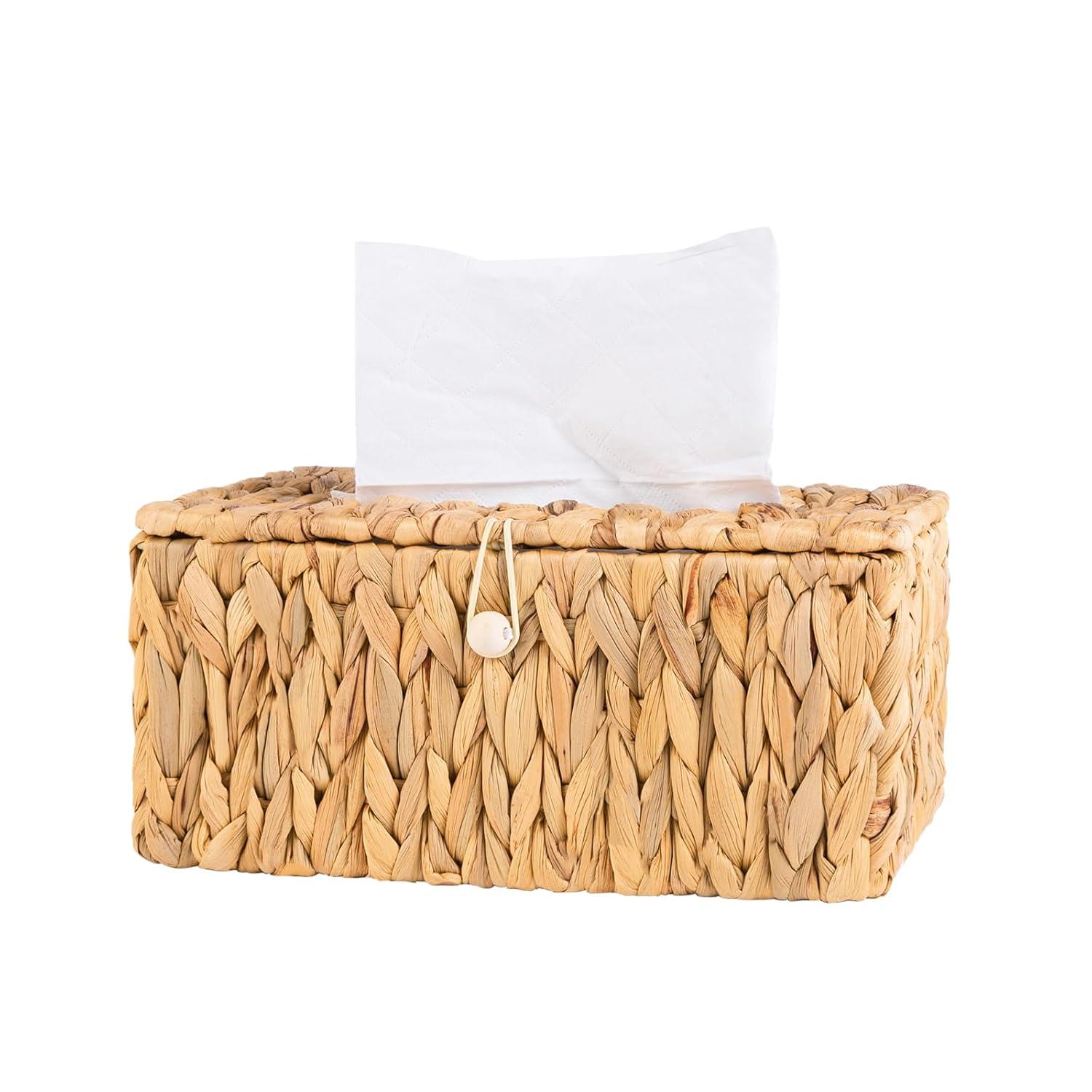 PINXIURY Water Hyacinth Handwoven Tissue Box Cover, Natural Handmade Wicker Napkin Box Holder, Handcrafted Square Facial Tissue, Rustic Decorative on Table and Bathroom, Office, Boho Decorative