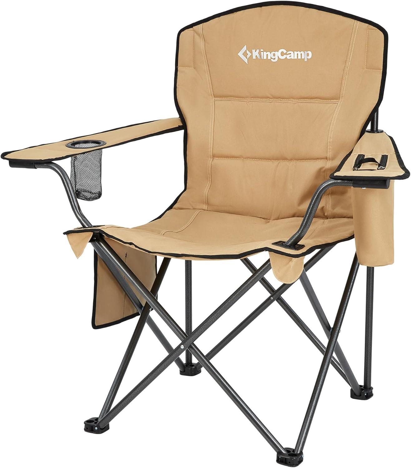 KingCamp Padded Portable Outdoor Folding Lounge Chairs with Built-In Cupholder, Insulated Cooler Sleeve, and Side Storage Pocket, Khaki (2 Pack)