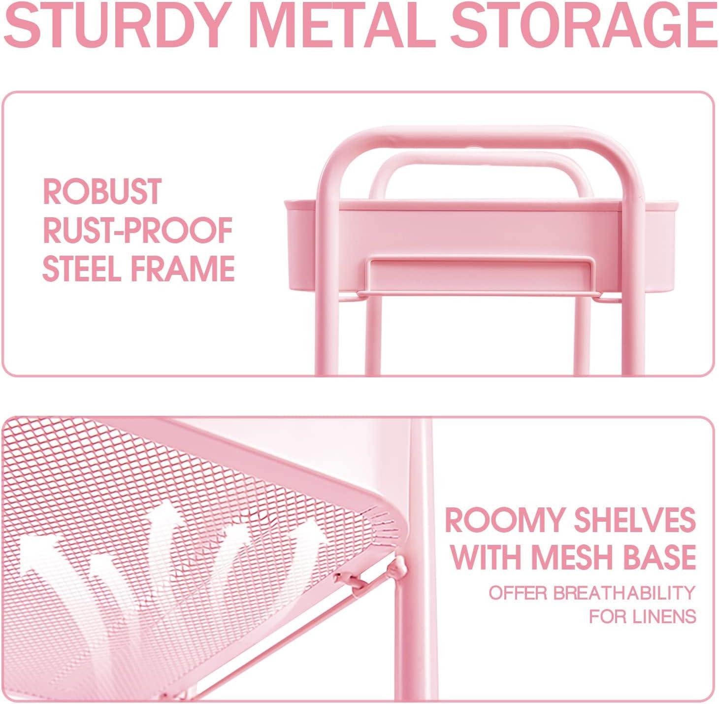 Pink 3-Tier Rolling Utility Cart with Alloy Steel Frame