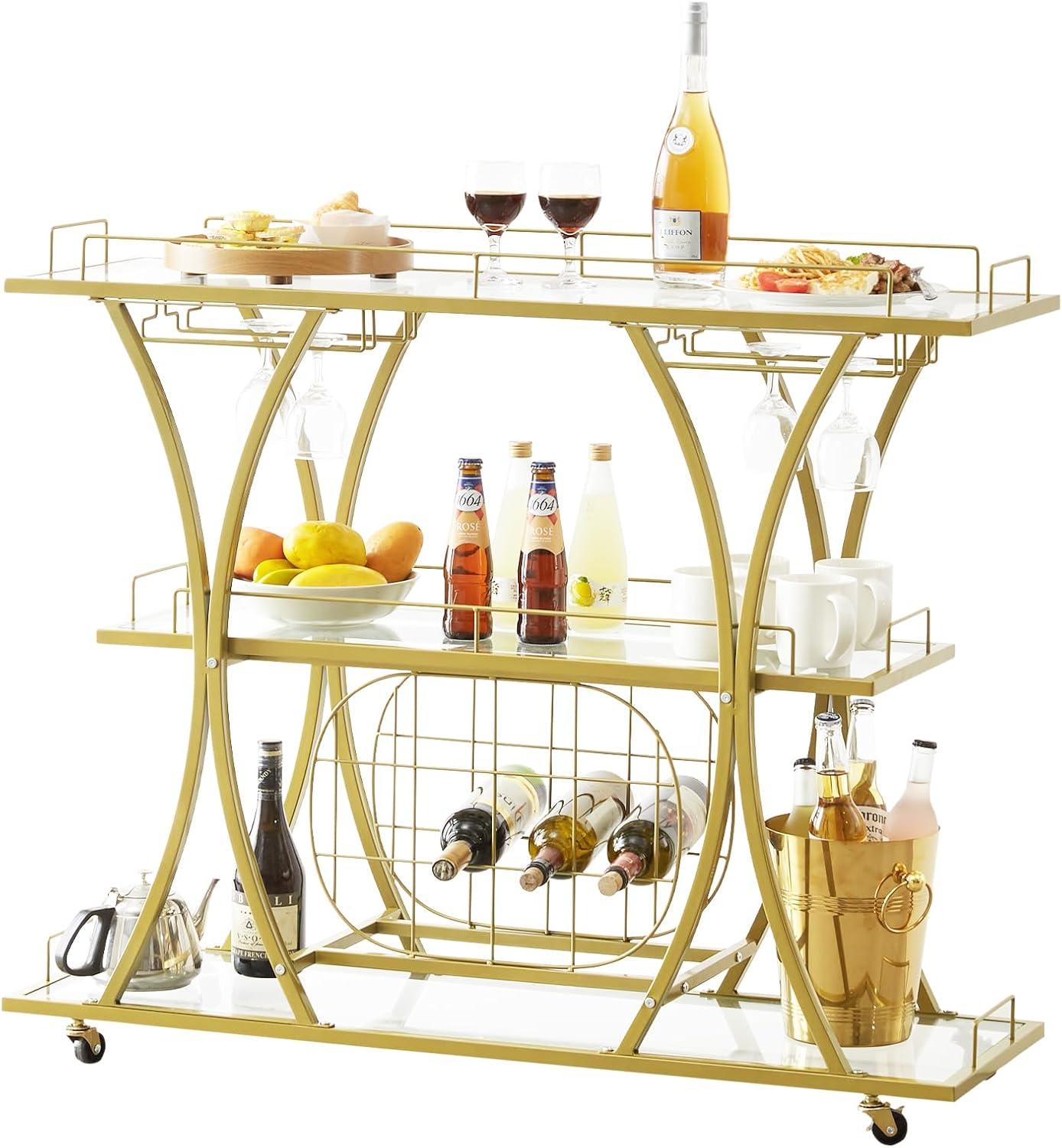 VEVOR Bar Cart Gold 3 Tiers Home Bar Serving Cart on Lockable Wheels with Tempered Glass Shelves Guardrail Wine Rack