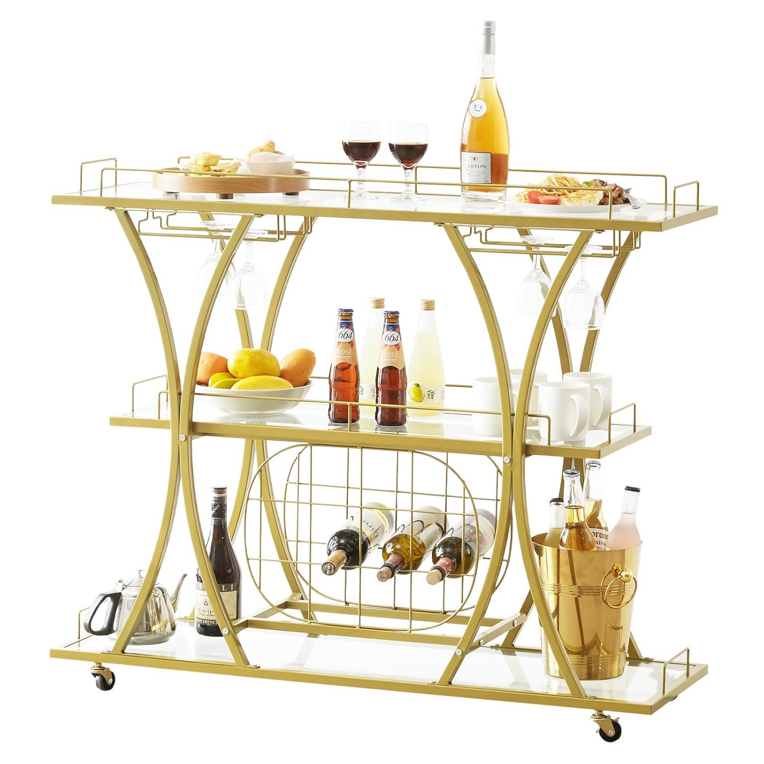 VEVOR Bar Cart Gold 3 Tiers Home Bar Serving Cart on Lockable Wheels with Tempered Glass Shelves Guardrail Wine Rack