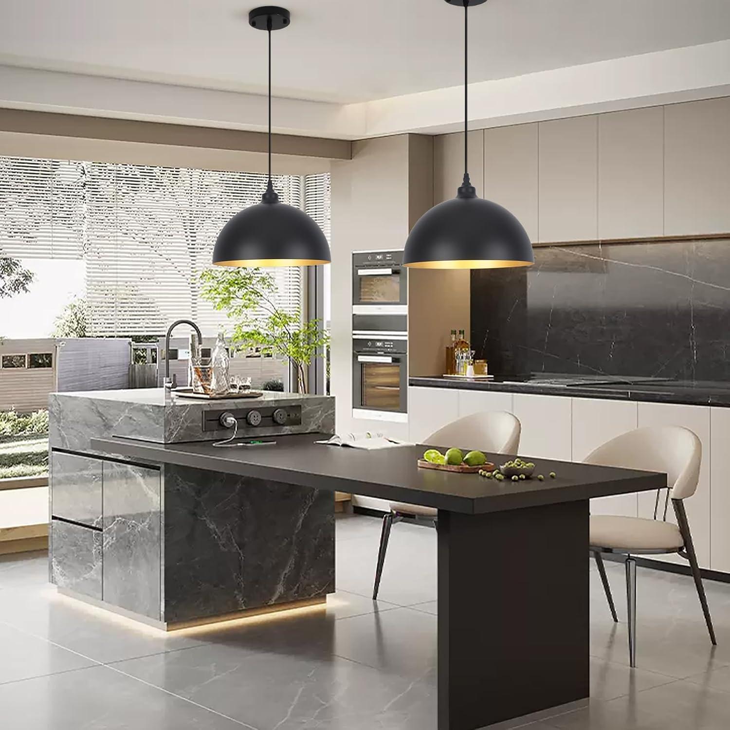 2-Pack Black Pendant Lights, 11.81'' Modern Pendant Lights Kitchen Island, Dome Large Pendant Light for Dining Room Foyer Bedroom Entryway Hallway Light Fixtures