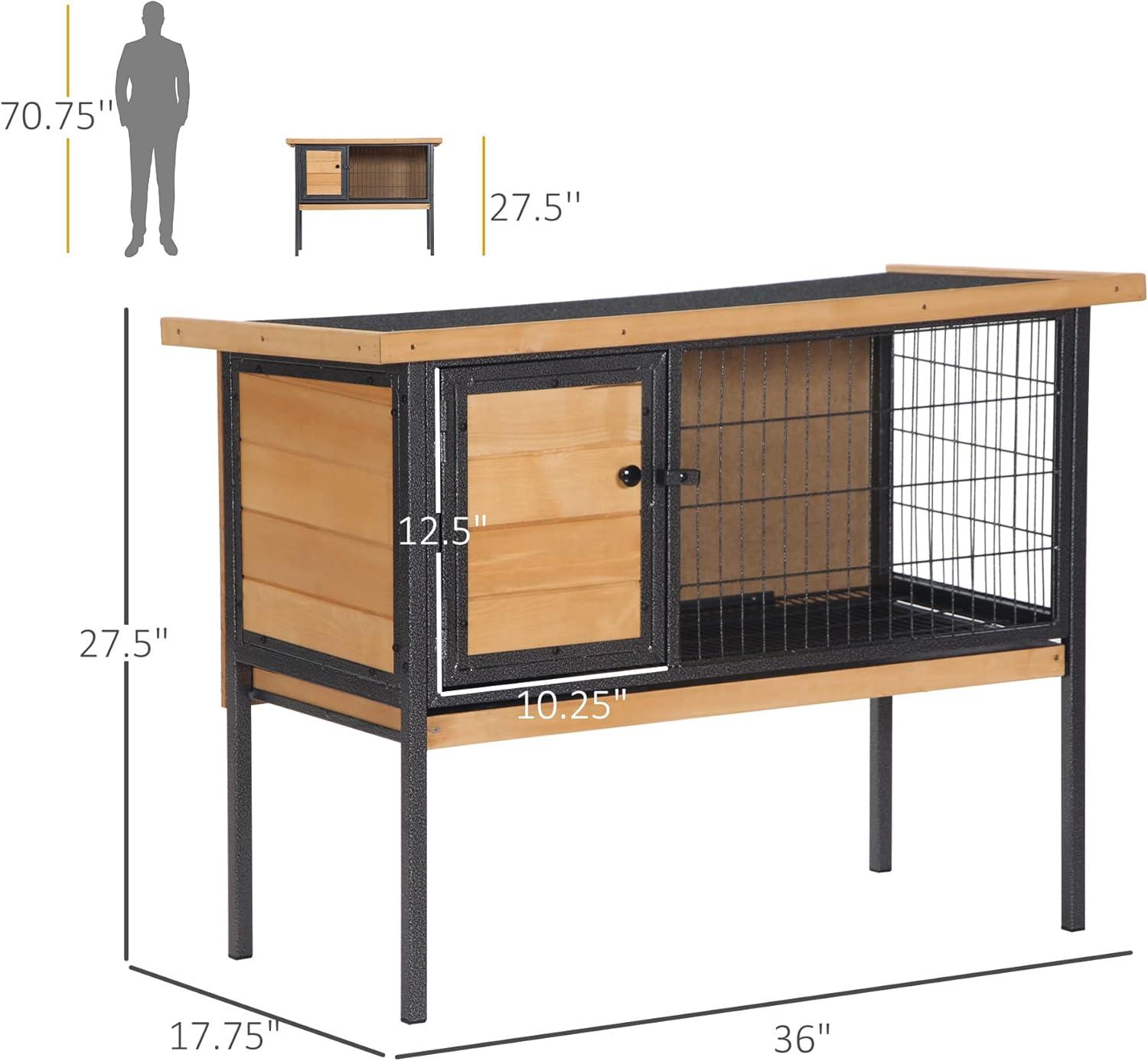 PawHut Rabbit Hutch Elevated Bunny Cage Small Animal Habitat with Metal Frame, Wire Pan, and Asphalt Roof for Indoor/Outdoor Natural Wood