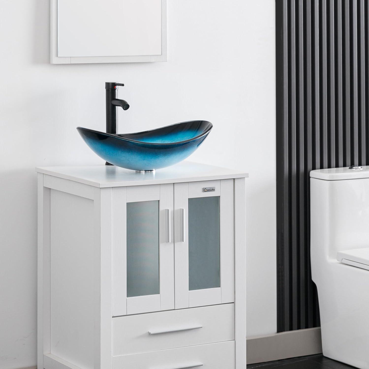 Turquoise Glass Above-Counter Vessel Sink with Faucet and Drain