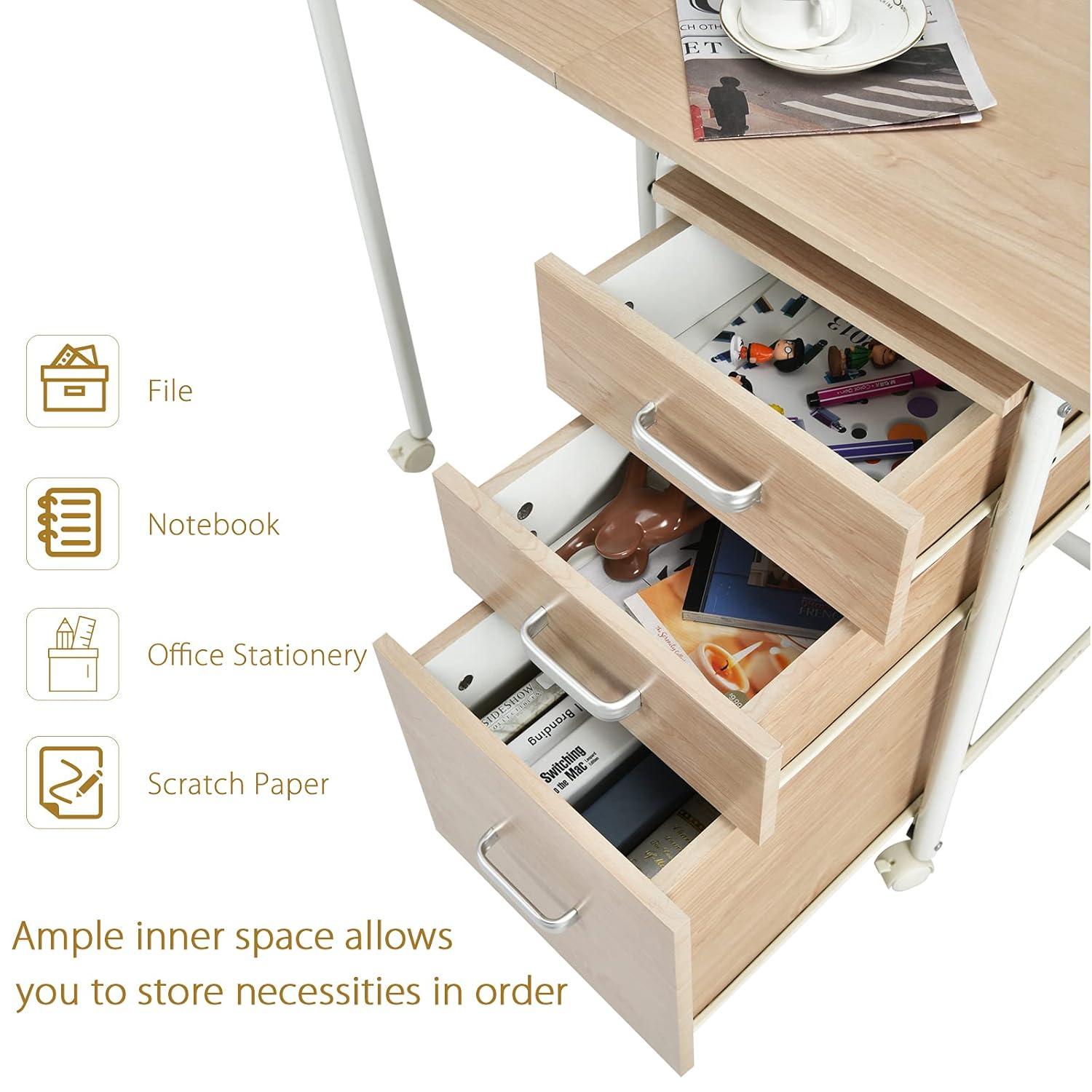 Gymax Folding Computer Laptop Desk Wheeled Home Office Furniture With 3 Drawers