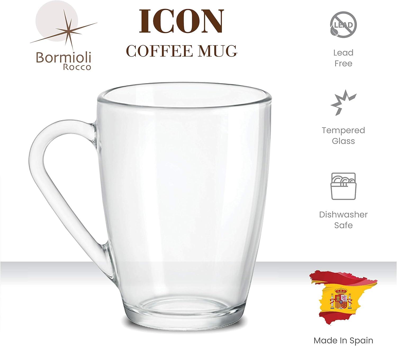 Bormioli Rocco Glass Coffee Mug, Set of 6, 10¾ oz. with Convenient Handle, Tea Glasses for Hot/Cold Beverages, Thermal Shock Resistant, Tempered Glass