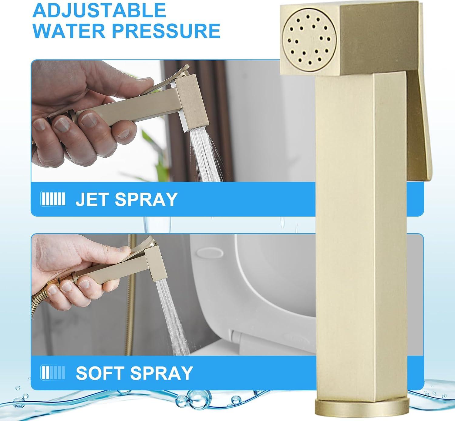 BWE Handheld Toilet Bidet Sprayer for Toilet with Adjustable Water Pressure Hot and Cold Bidet Spray Set Toilets Bidets Wall Mount Cleaning Faucet Jet for Feminine Wash, Brushed Gold