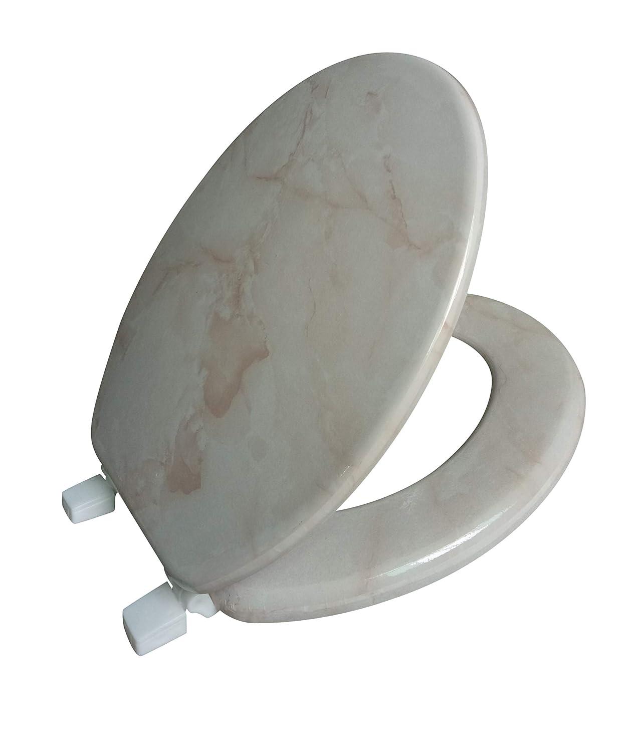 Beige Marbleized Wood Round Toilet Seat with Non-Slip Hardware