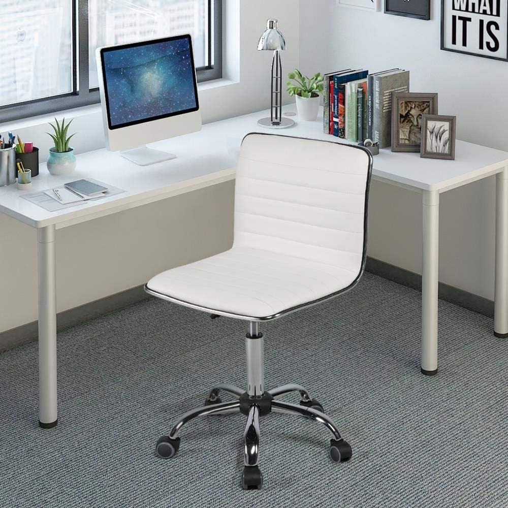 White Leather Armless Swivel Task Chair with Chrome Base