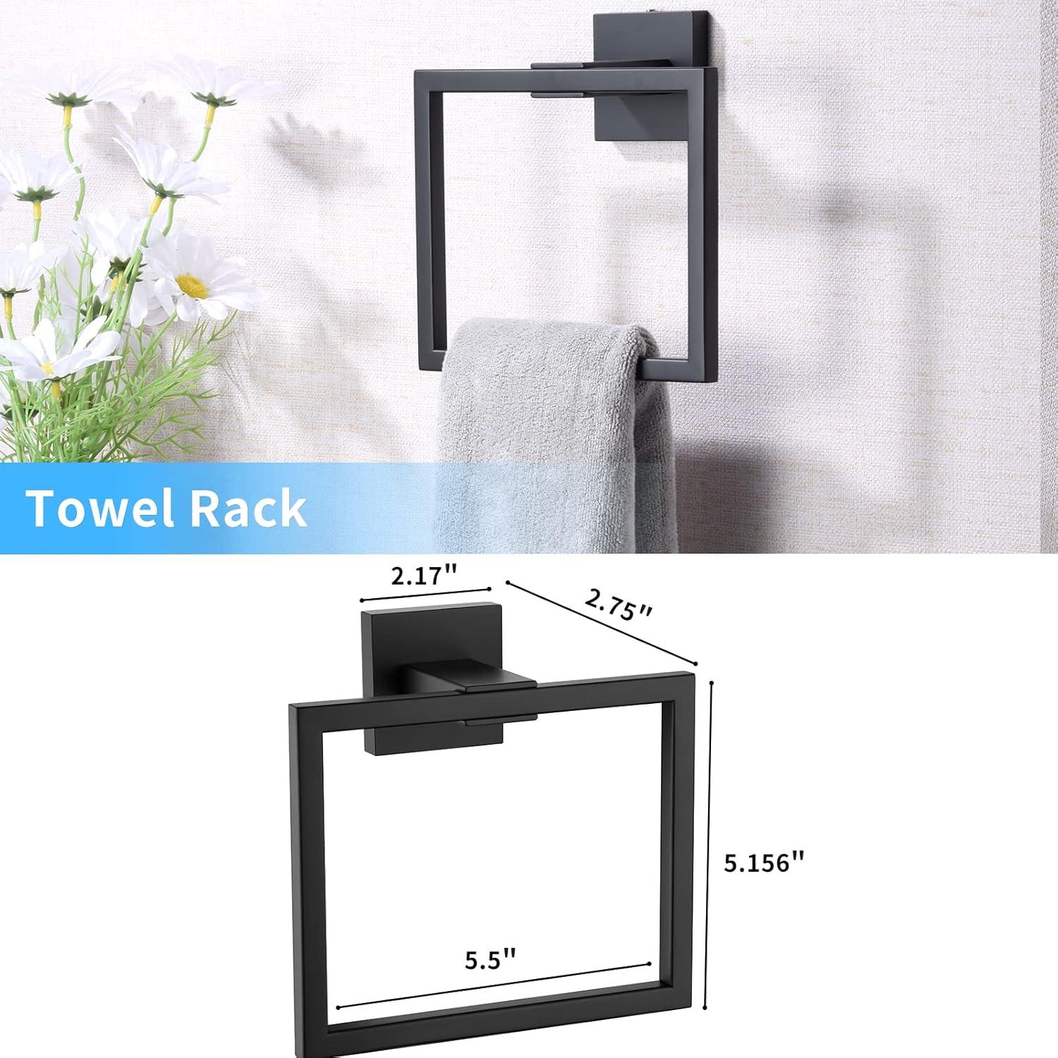 Matte Black Bathroom Hardware Set,5-Piece Towel Racks for Bathroom 23.6" Wall Mount Bathroom Accessories Include Towel Bar,Towel Rack Ring,Toilet Paper Holder,2*Robe Hook