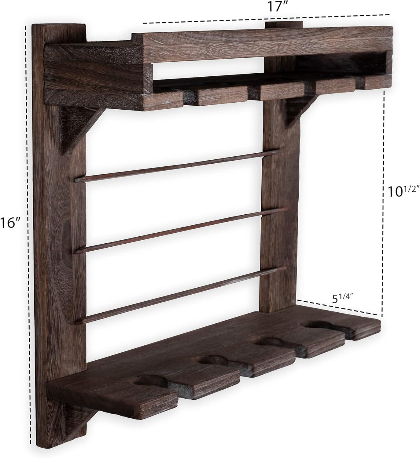 Rustic Dark Wood Wall-Mounted Wine Rack with Stemware Holder