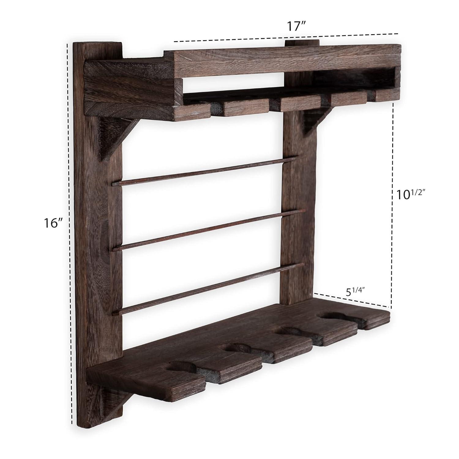 Rustic Dark Wood Wall-Mounted Wine Rack with Stemware Holder