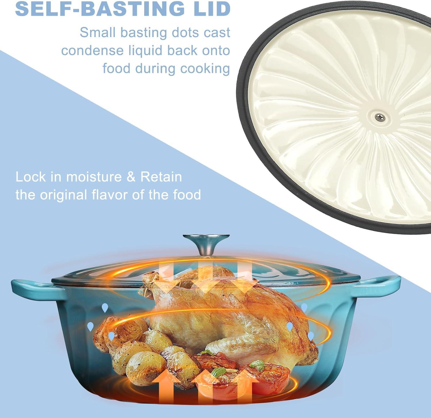 4 SEASONS FURNITURE 7 QT Enameled Cast Iron Oval Dutch Oven with Lid – Non-Stick Coating & Dual Handles