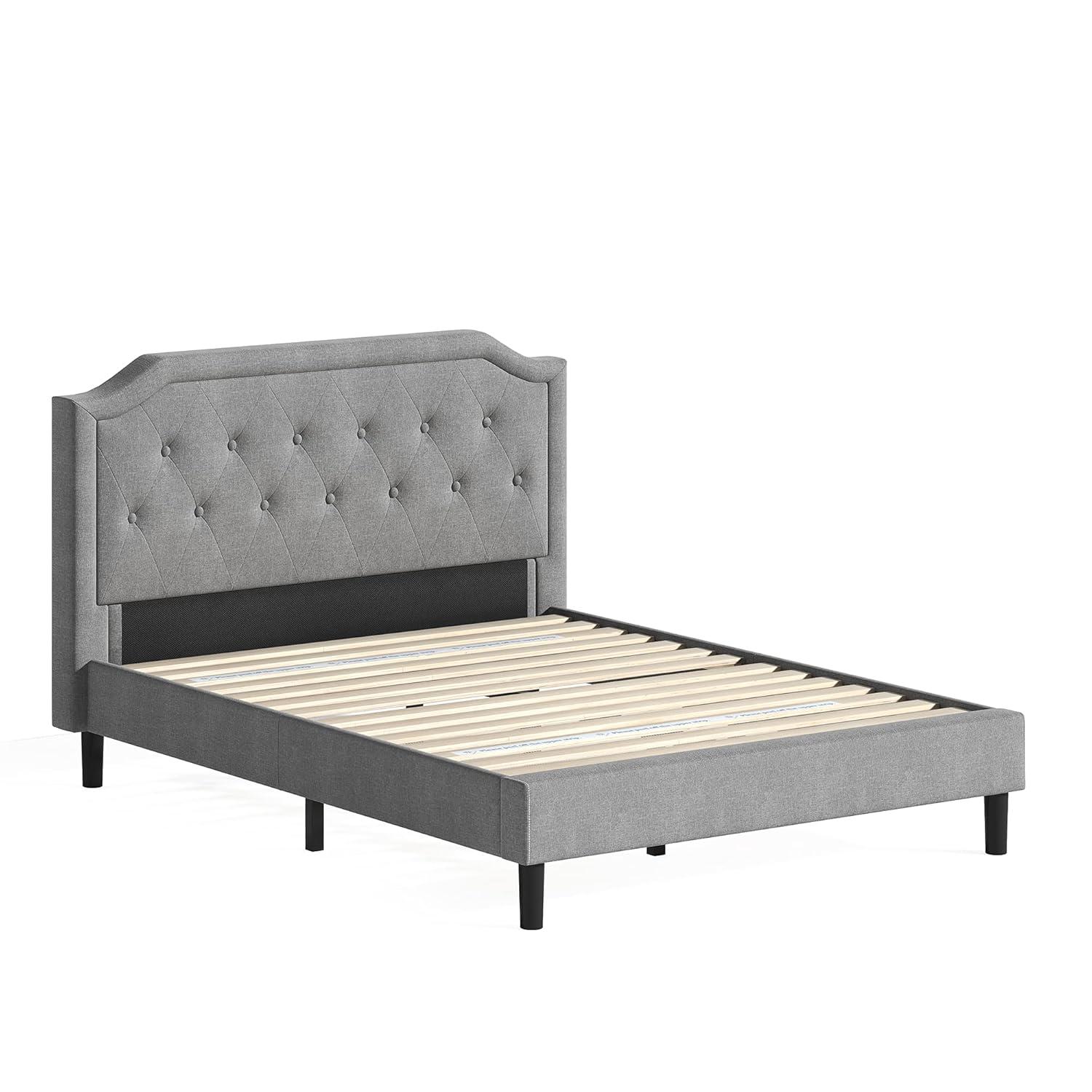 Queen-Sized Scalloped Edge Upholstered Platform Bed with Tufted Headboard