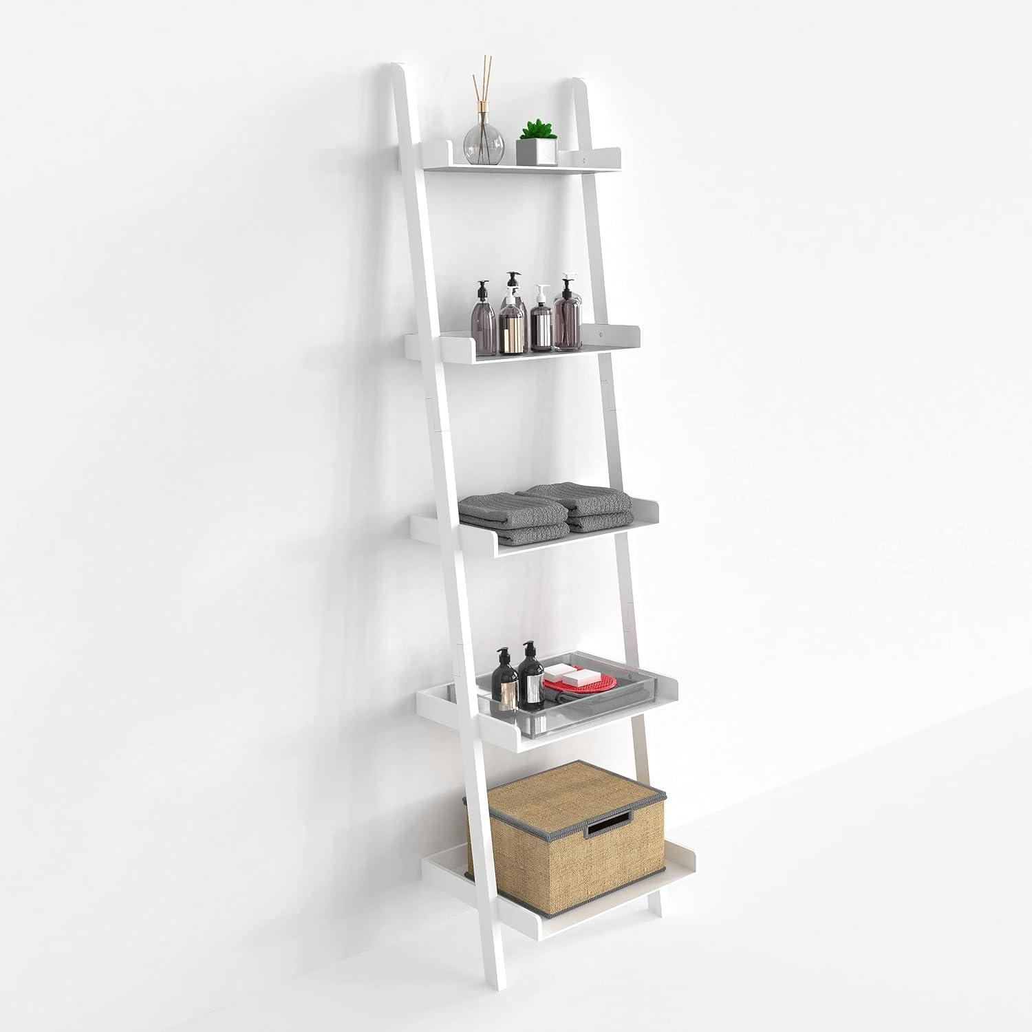 Ballucci 5-Tier Ladder Shelf, Wood Leaning Bookshelf, Modern Bookcase, 67" H x 18" W, White