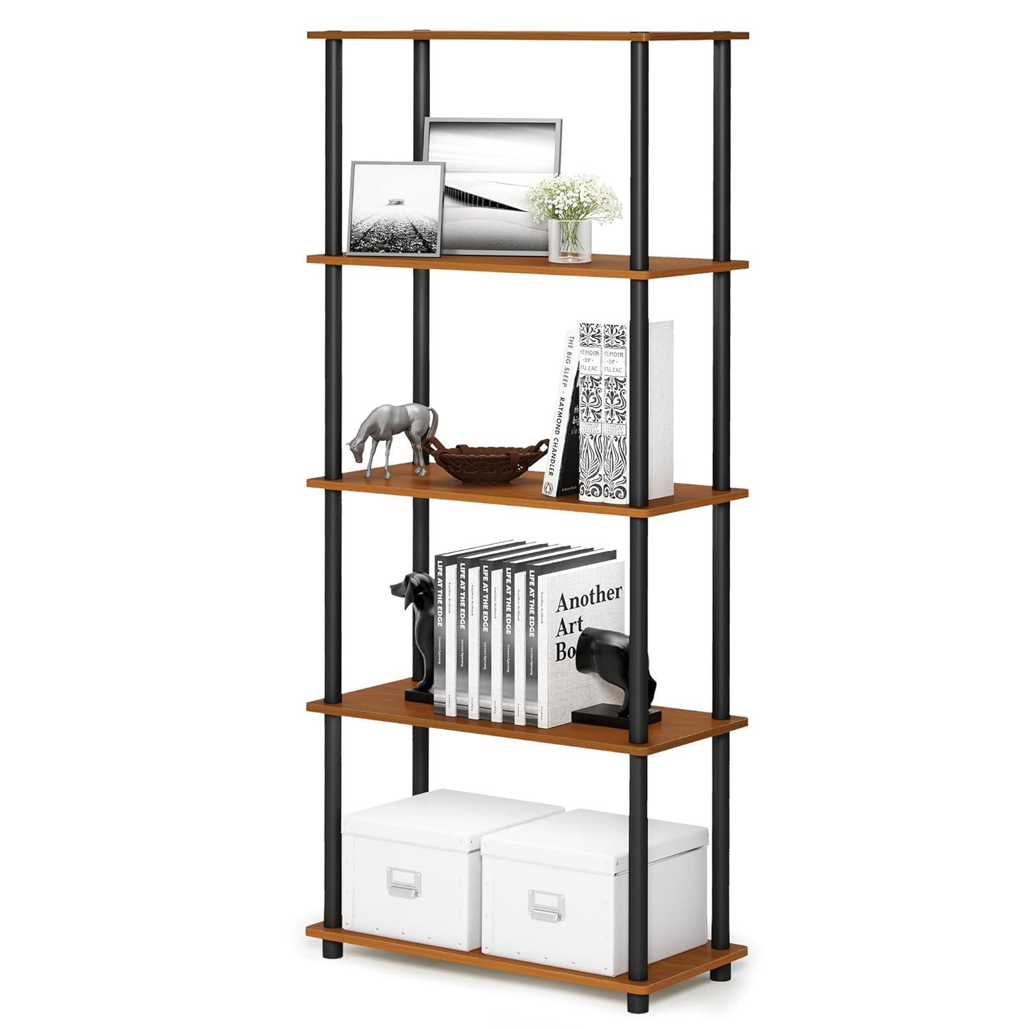 Furinno 5-Tier Tall Decorative Bookshelf Storage Bookcase Open Multipurpose Shelves Display Rack for Living Room&Home Office,Light Cherry/Black