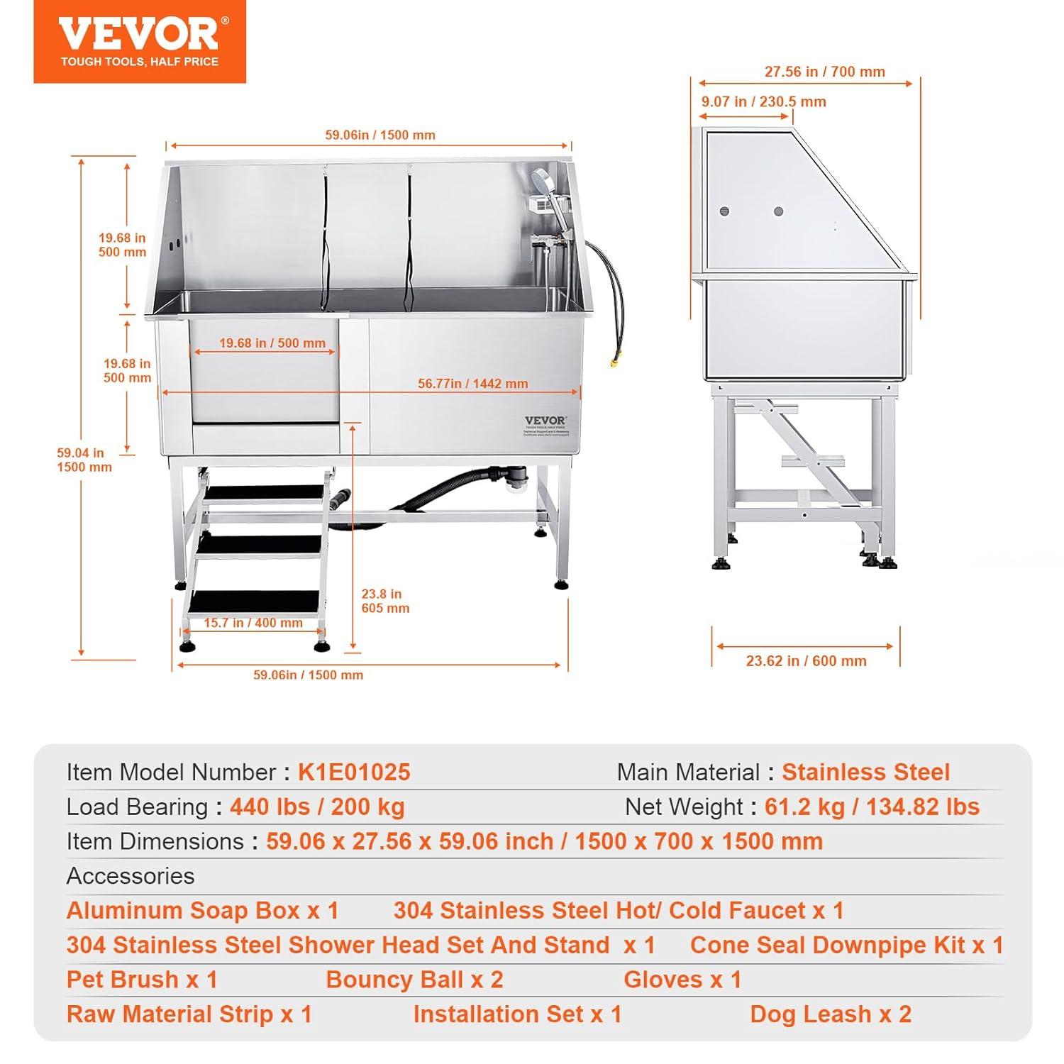 VEVOR 62" W Metal Dog Grooming Tub with Left Door Opening