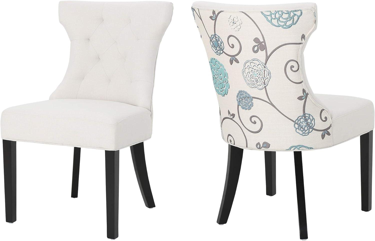 Ivory and Blue Floral Upholstered Dining Chairs, Set of 2