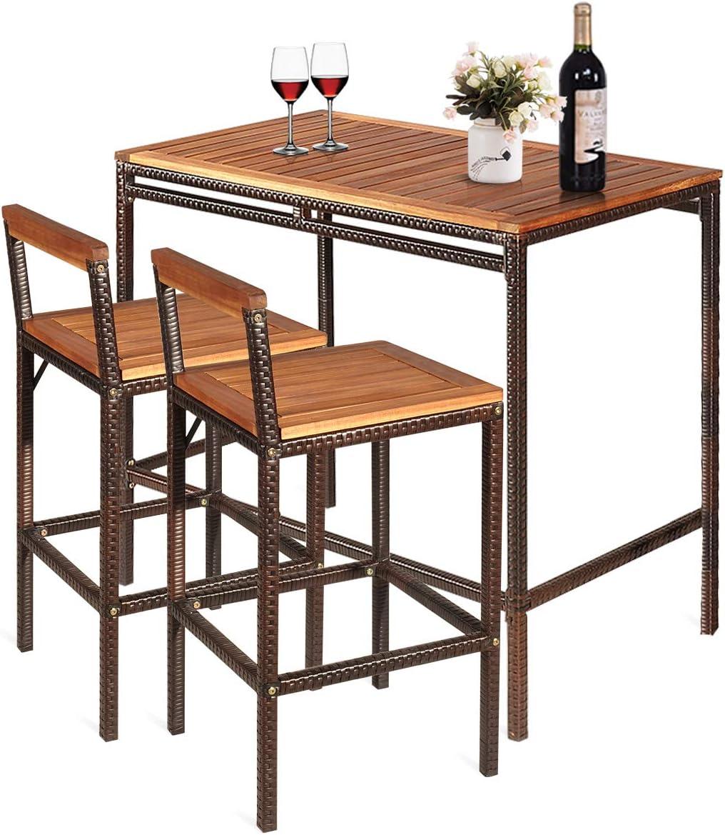 Brown Acacia Wood and Steel 3-Piece Patio Bar Set