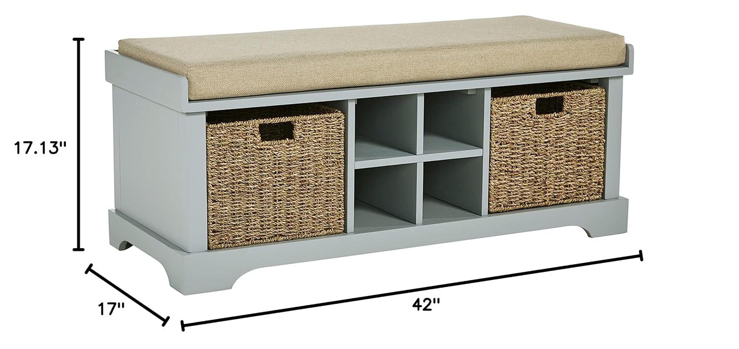 Beige and Gray Transitional Storage Bench with Wicker Baskets