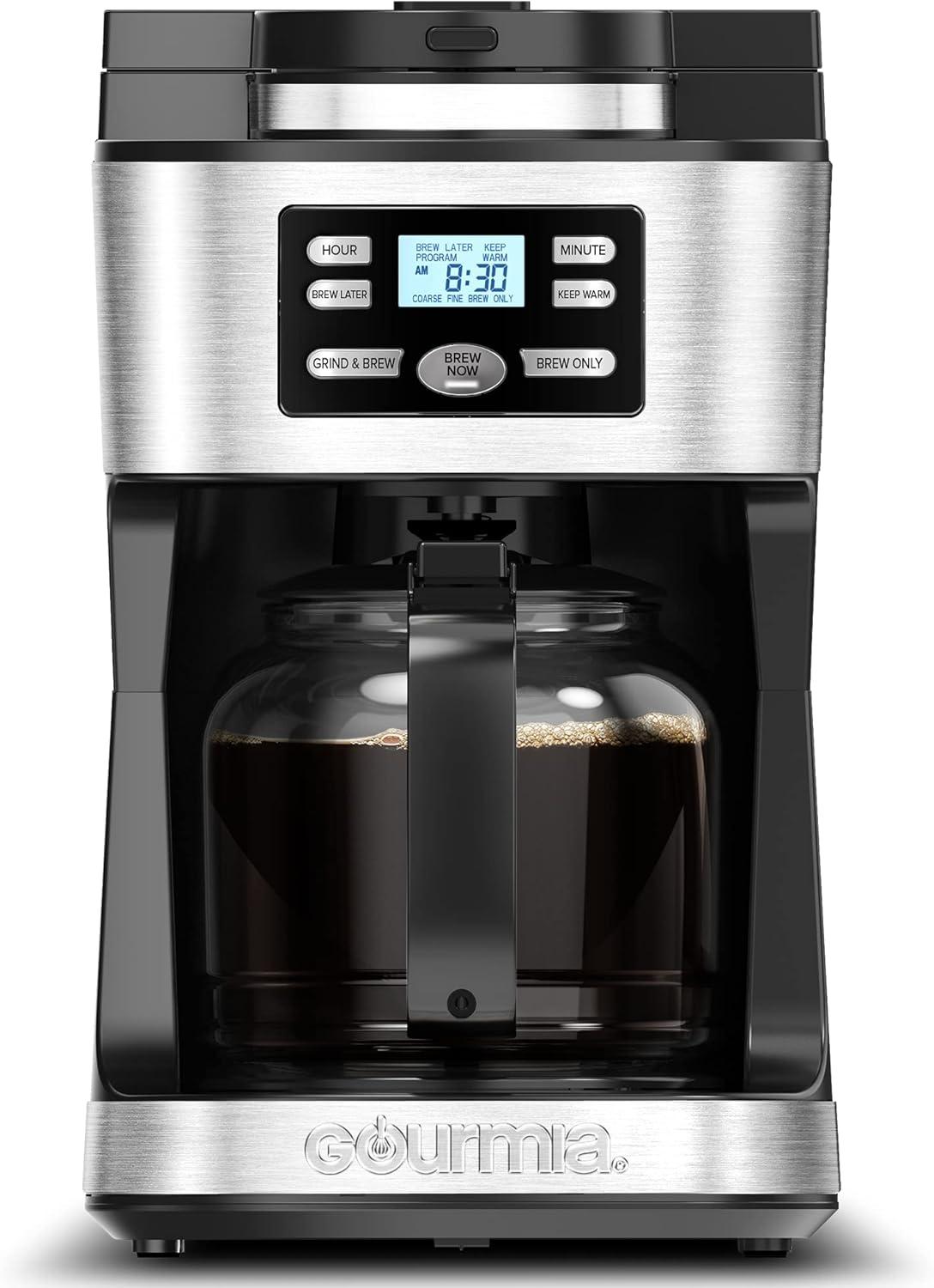 Gourmia 12-Cup Programmable Grind & Brew Coffee Maker: Stainless Steel, Dishwasher-Safe Parts