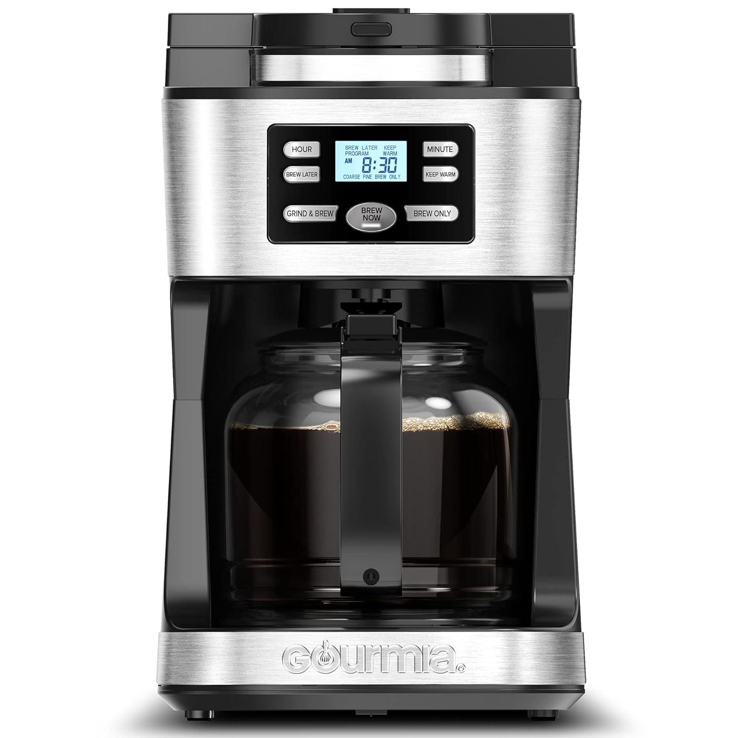 Gourmia 12-Cup Programmable Grind & Brew Coffee Maker: Stainless Steel, Dishwasher-Safe Parts