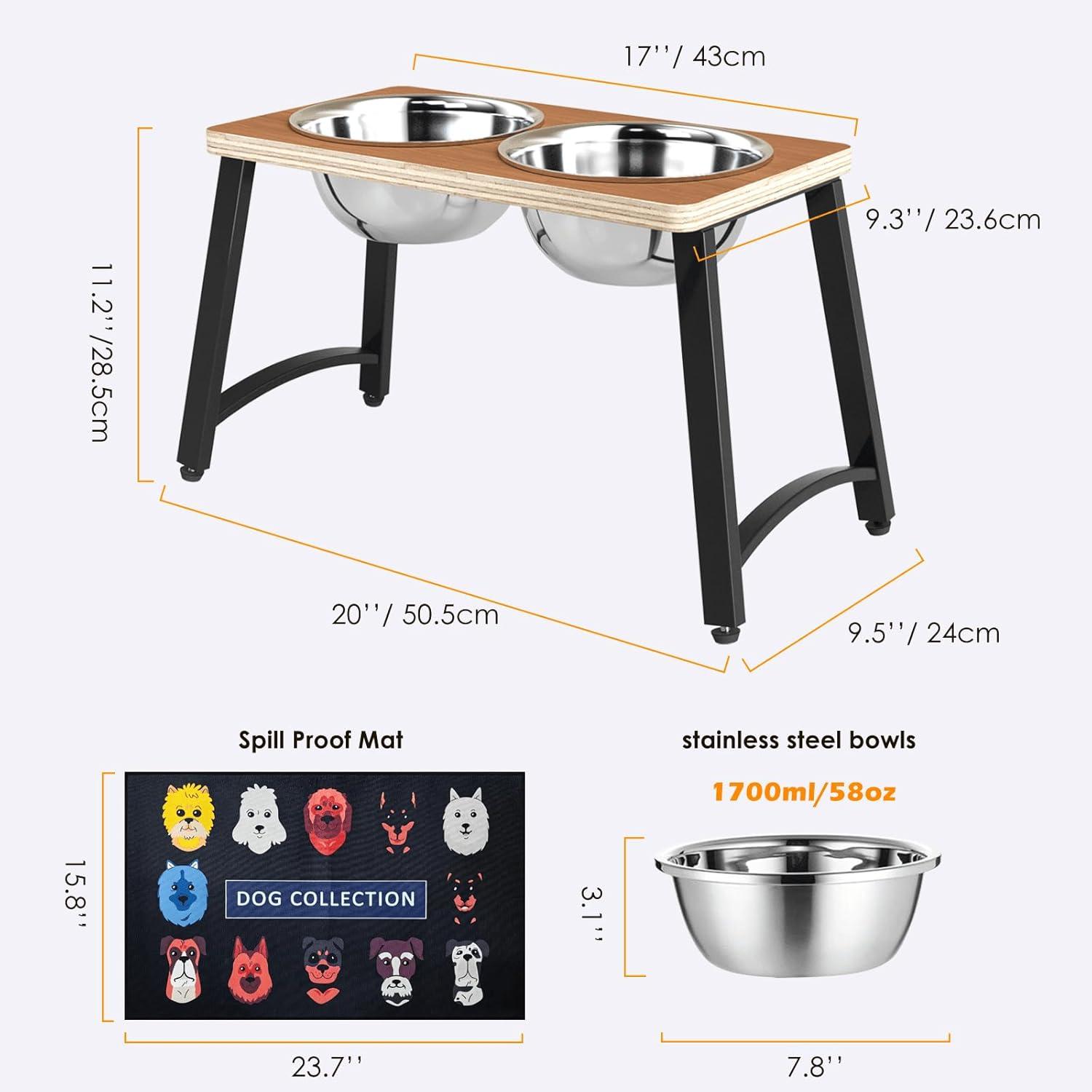 Elevated Dog Bowls with Spill Proof Mat and Stainless Steel Bowls