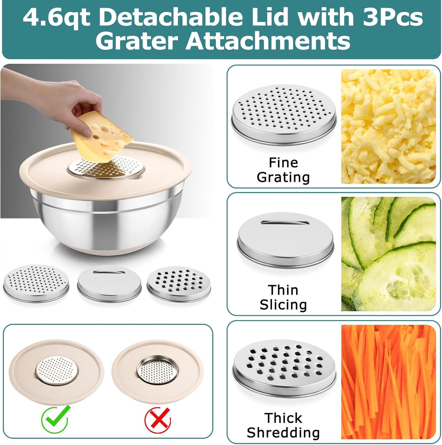 Toledo Bath & Kitchen Stainless Steel Mixing Bowls With Lids, 5-Pack Metal Nesting Bowls With Airtight Covers For Cooking, Baking, Serving, Storage, Non-Toxic & Dishwasher Safe, Size 4.6/3/1.5/1/0.7QT - Khaki