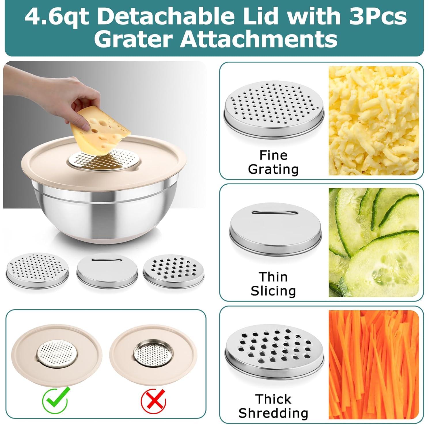 Toledo Bath & Kitchen Stainless Steel Mixing Bowls With Lids, 5-Pack Metal Nesting Bowls With Airtight Covers For Cooking, Baking, Serving, Storage, Non-Toxic & Dishwasher Safe, Size 4.6/3/1.5/1/0.7QT - Khaki