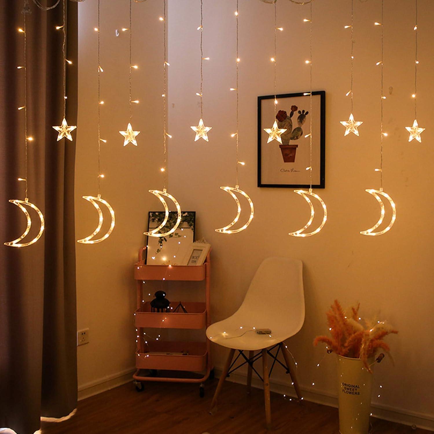Warm White LED Star Moon Curtain Lights with Remote Control