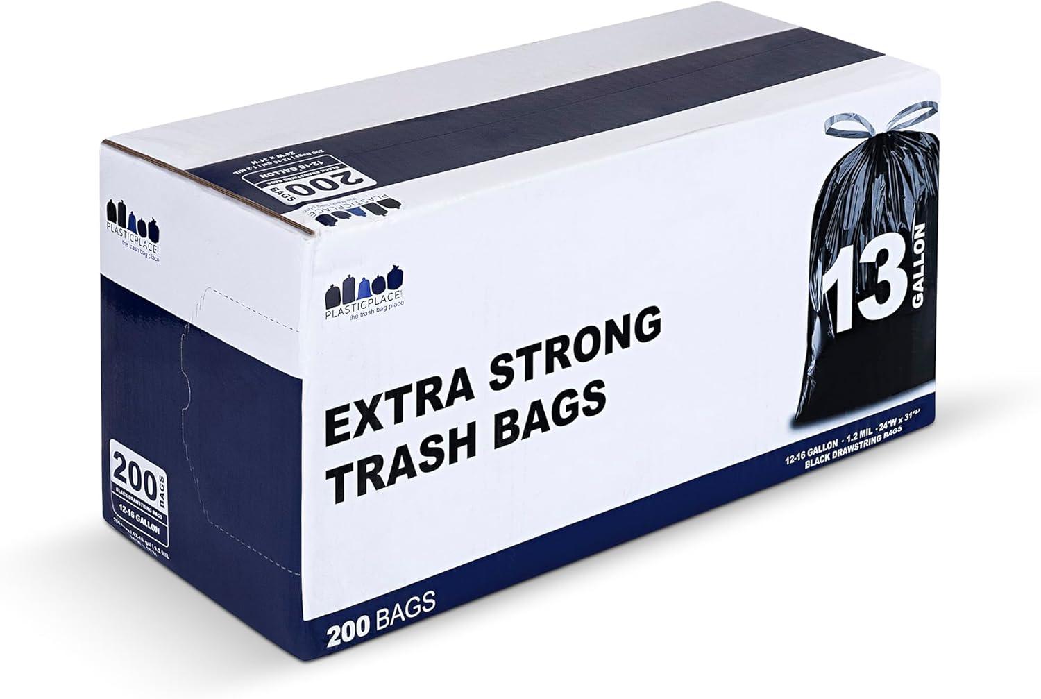 "Plasticplace Drawstring Trash Bags, 13 Gallon, Black (200 Count)