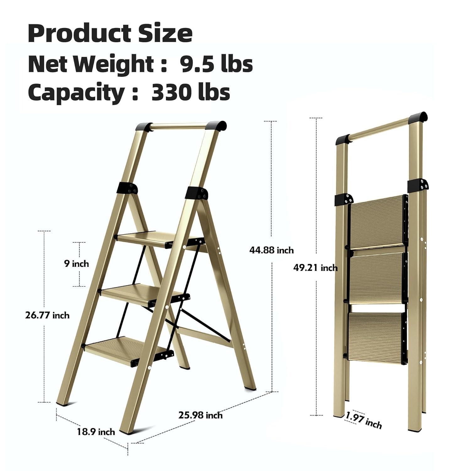 WFX Utility™ 3-Step Foldable Aluminum Ladder With U-Shape Handgrip, Anti-Slip Wide Pedals, 330 Lbs Capacity, Lightweight & Portable For Home, Kitchen, Office