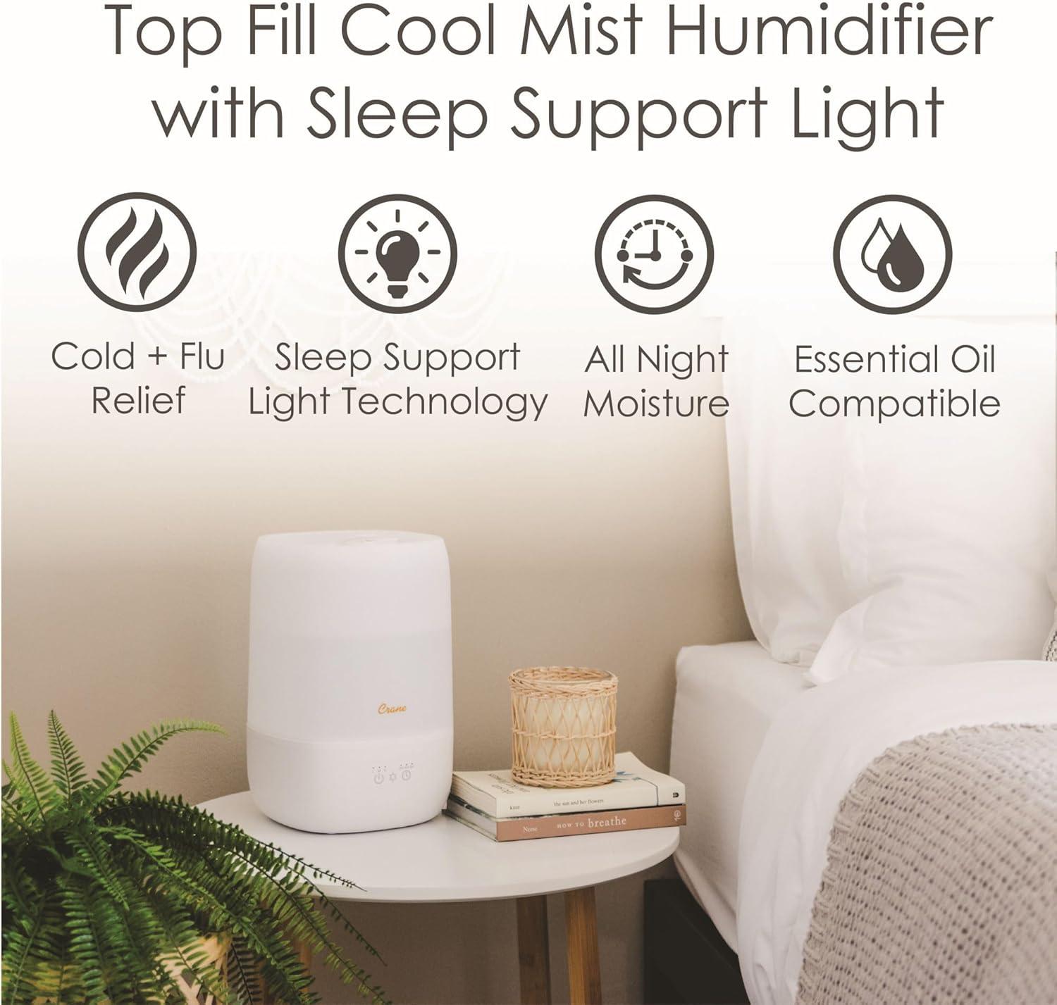 Crane USA Top Fill Cool Mist Humidifier - 1 Gallon with Sleep Support Light & Essential Oil Tray