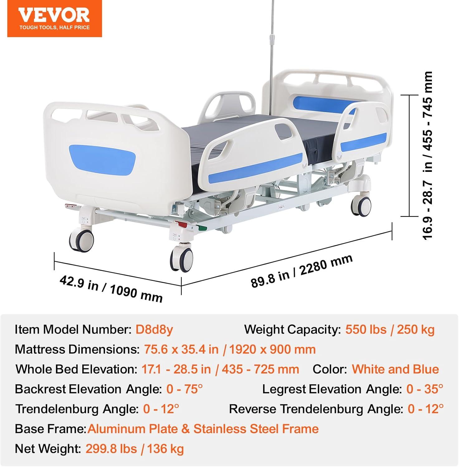 Premium 5 Function Full Electric Hospital Bed ICU Medical Bed 550LBS Loads