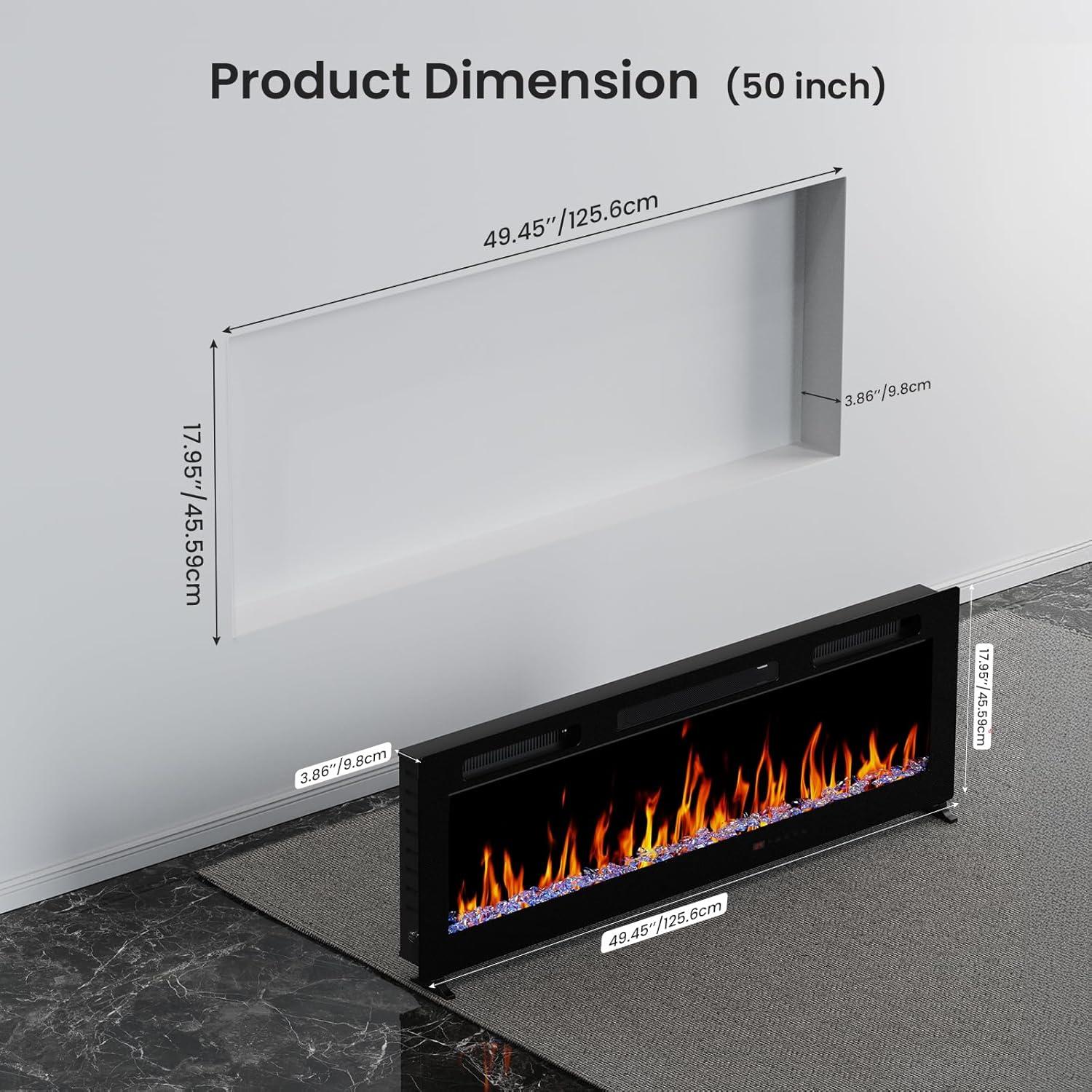 Ultra-Thin Black Glass Wall Mounted Electric Fireplace 50 Inch