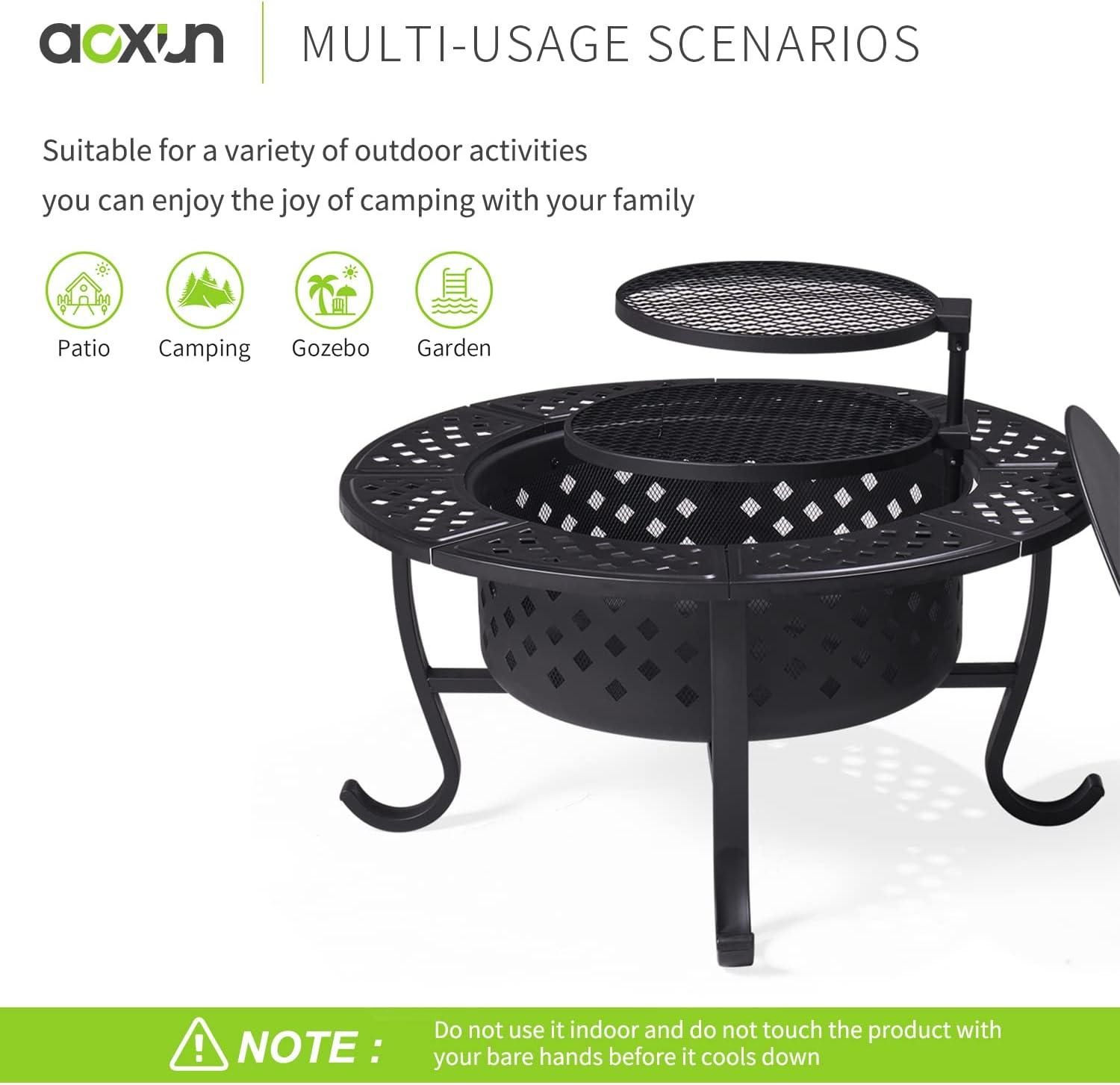 28" Black Round Wood Burning Fire Pit with Double Grill