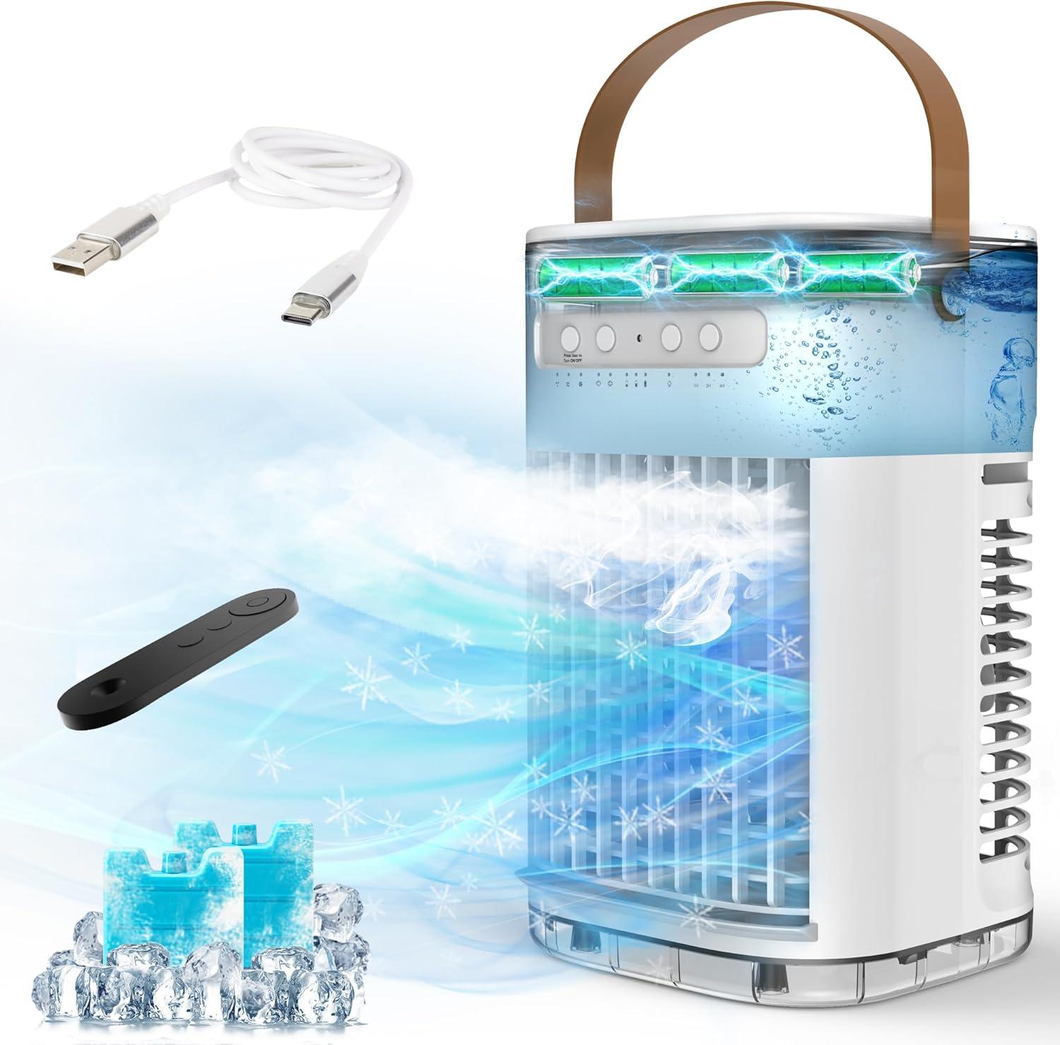 Portable Air Conditioners, 3-1 Mini Evaporative Air Cooler w/Remote, 1.2L Water Tank & 2 Ice Packs, 1-7H Timer, 5400mAh Battery With USB Charging, Personal Fan For Desktop Home Office Outdoors