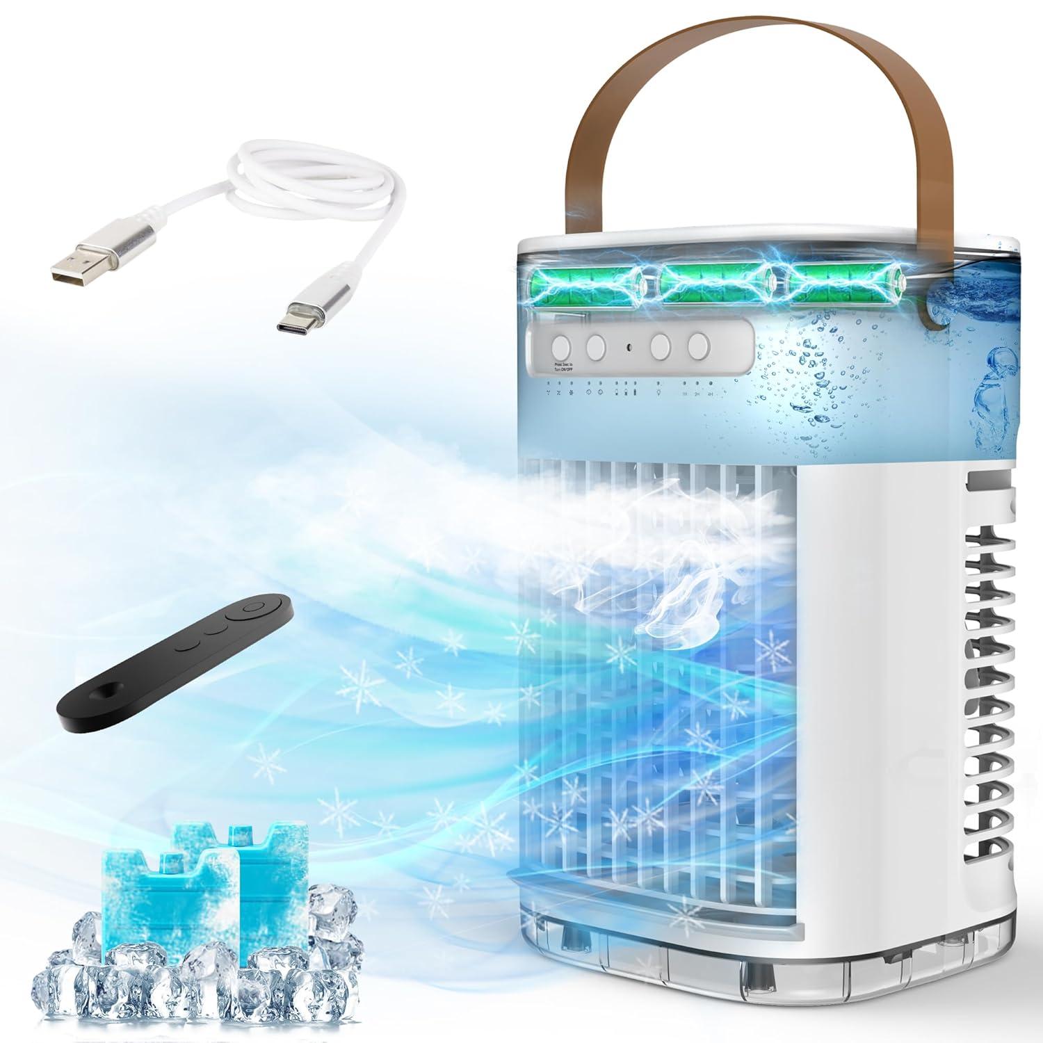 Portable Air Conditioners, 3-1 Mini Evaporative Air Cooler w/Remote, 1.2L Water Tank & 2 Ice Packs, 1-7H Timer, 5400mAh Battery With USB Charging, Personal Fan For Desktop Home Office Outdoors
