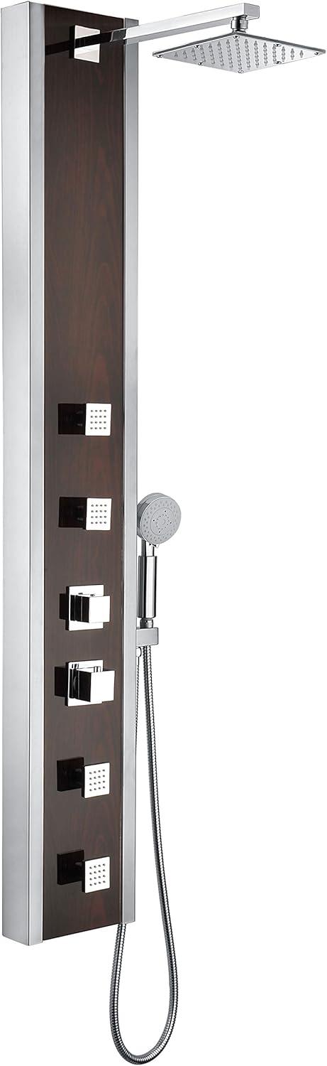 ANZZI Monsoon Series Mahogany Style Deco-Glass 4-Jetted Full Body Shower Panel Tower With Heavy Rain Swiveling Shower Head And Spray Wand