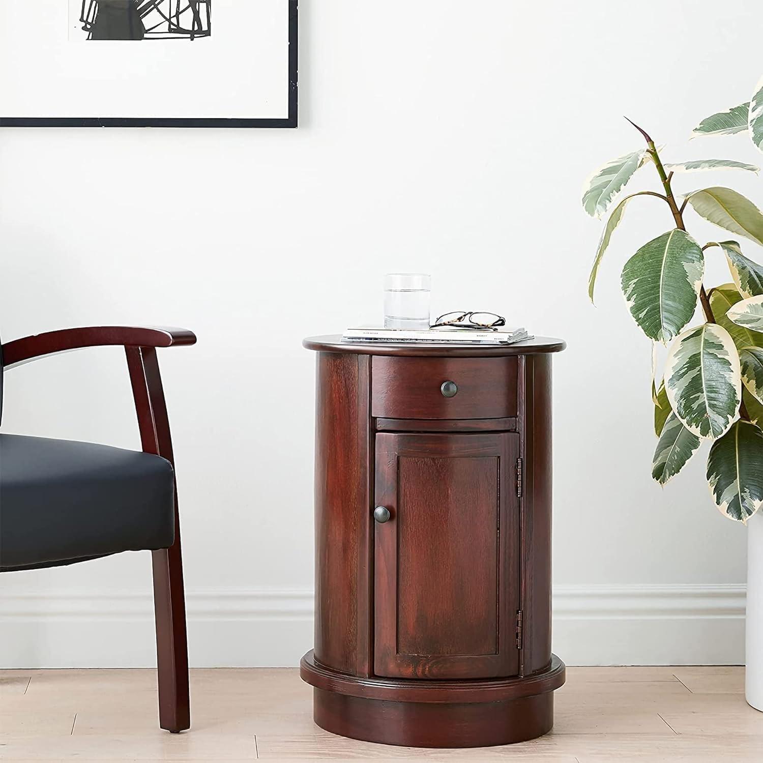 Vintage Cherry Round Wood Side Table with Storage