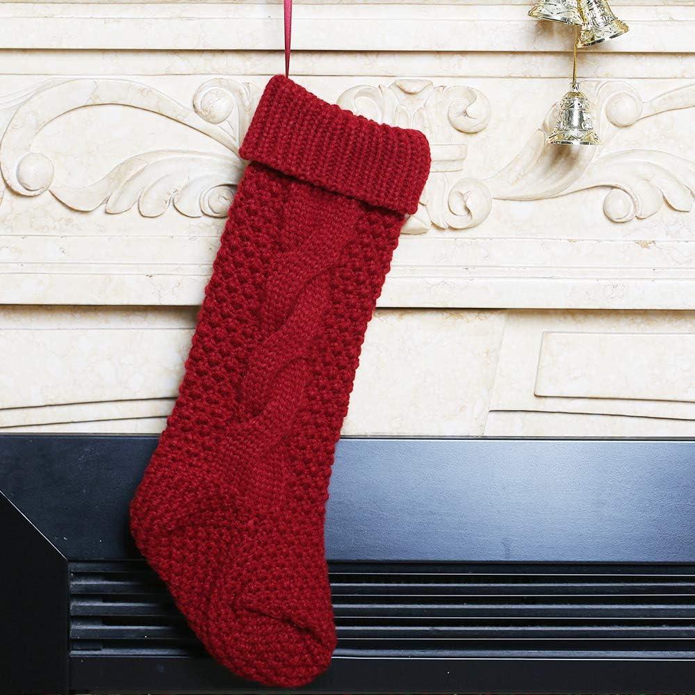 Burgundy and Cream Cable Knitted Christmas Stockings, 18 Inches, Set of 4