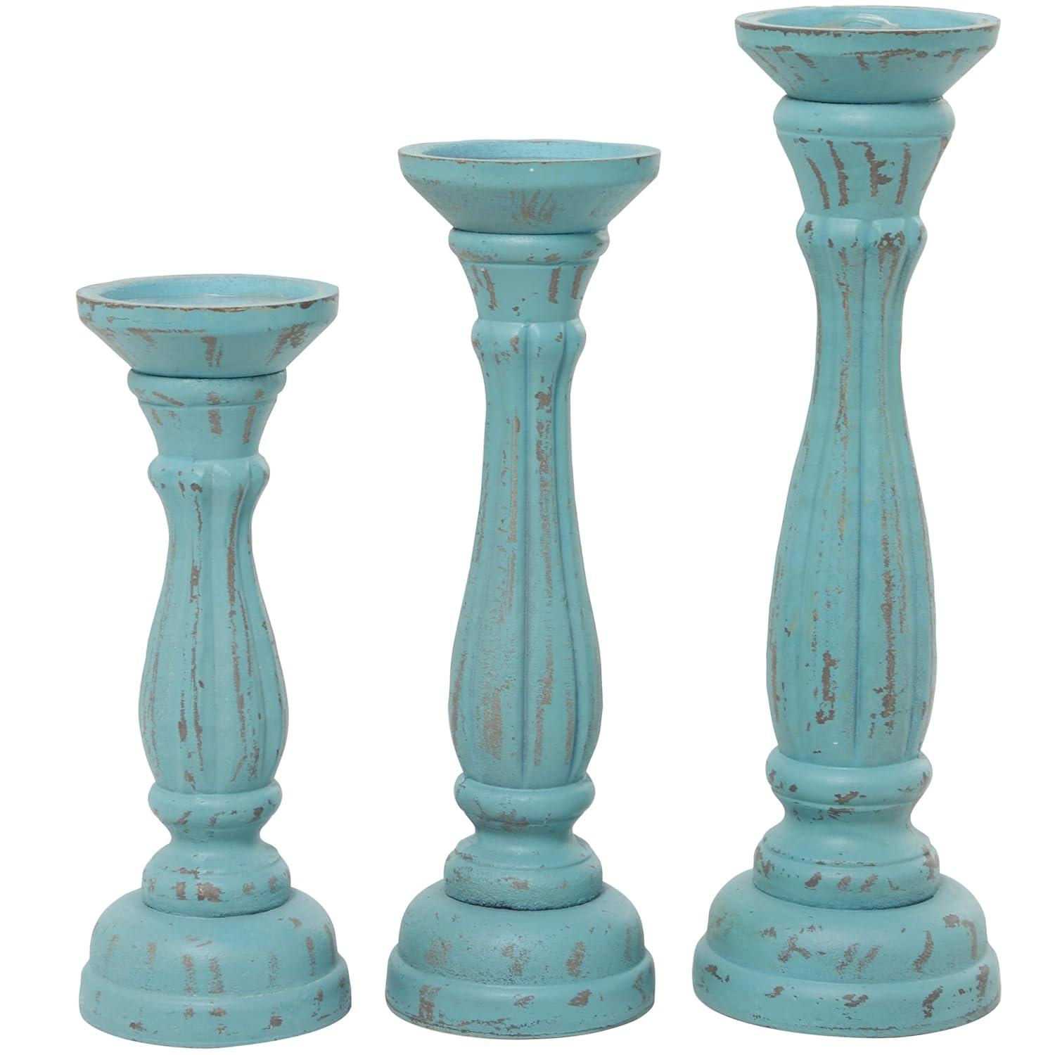 DecMode 3 Candle Blue Wooden Distressed Turned Pillar Candle Holder, Set of 3